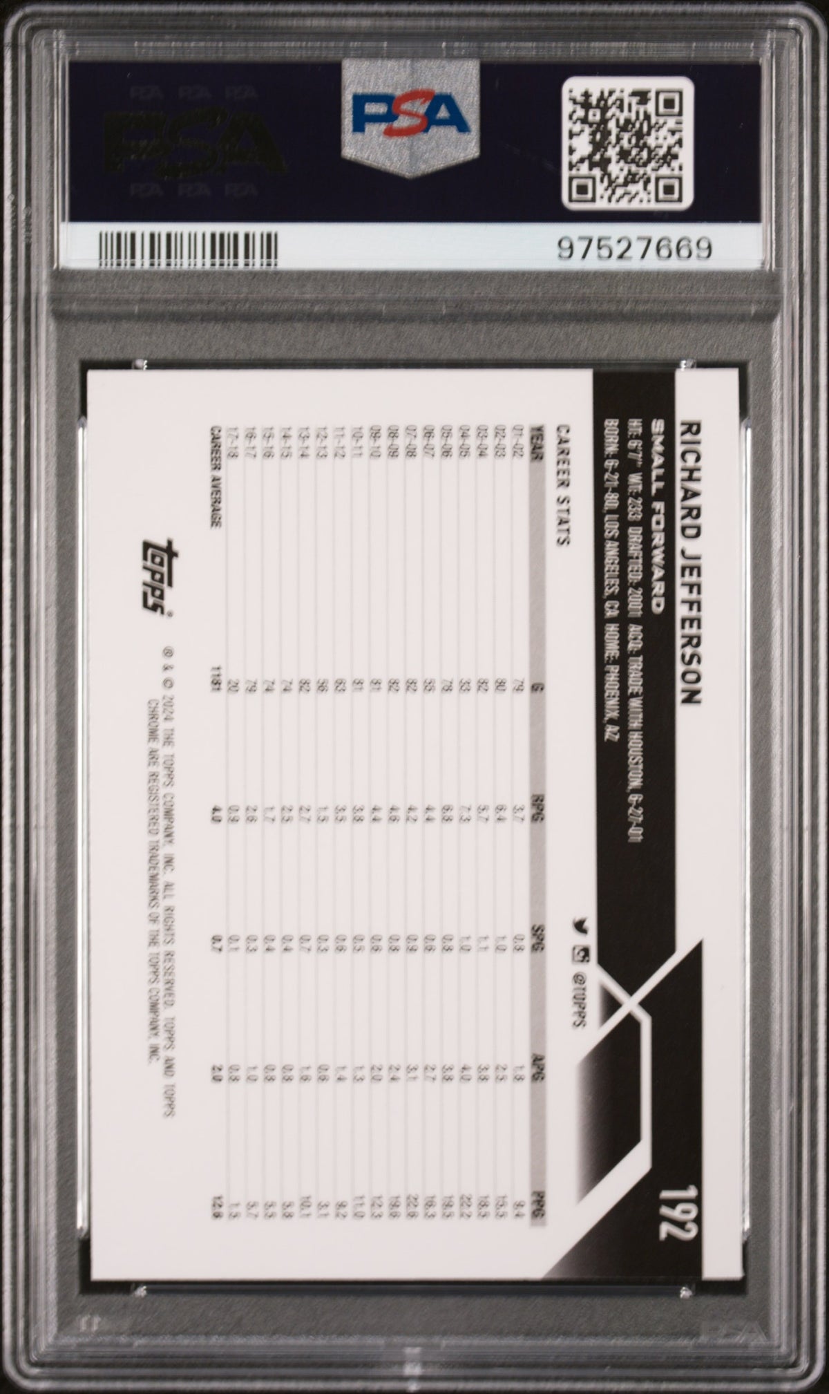 2023 Topps Chrome Richard Jefferson #192 Purple Refractor 238/349 PSA 10