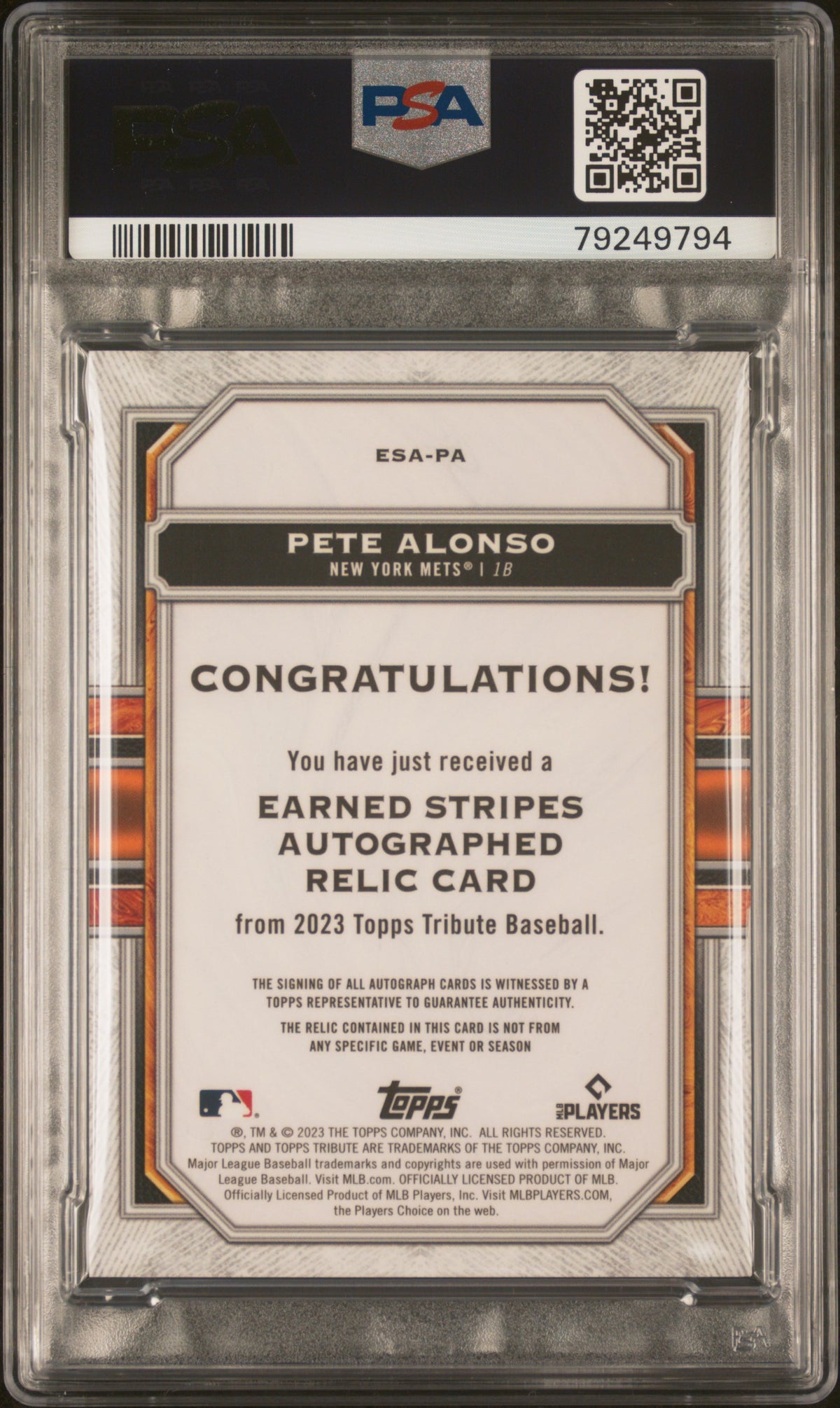 2023 Topps Tribute Earned Stripes Auto Relics Pete Alonso #ESAPA /50 PSA 9/10