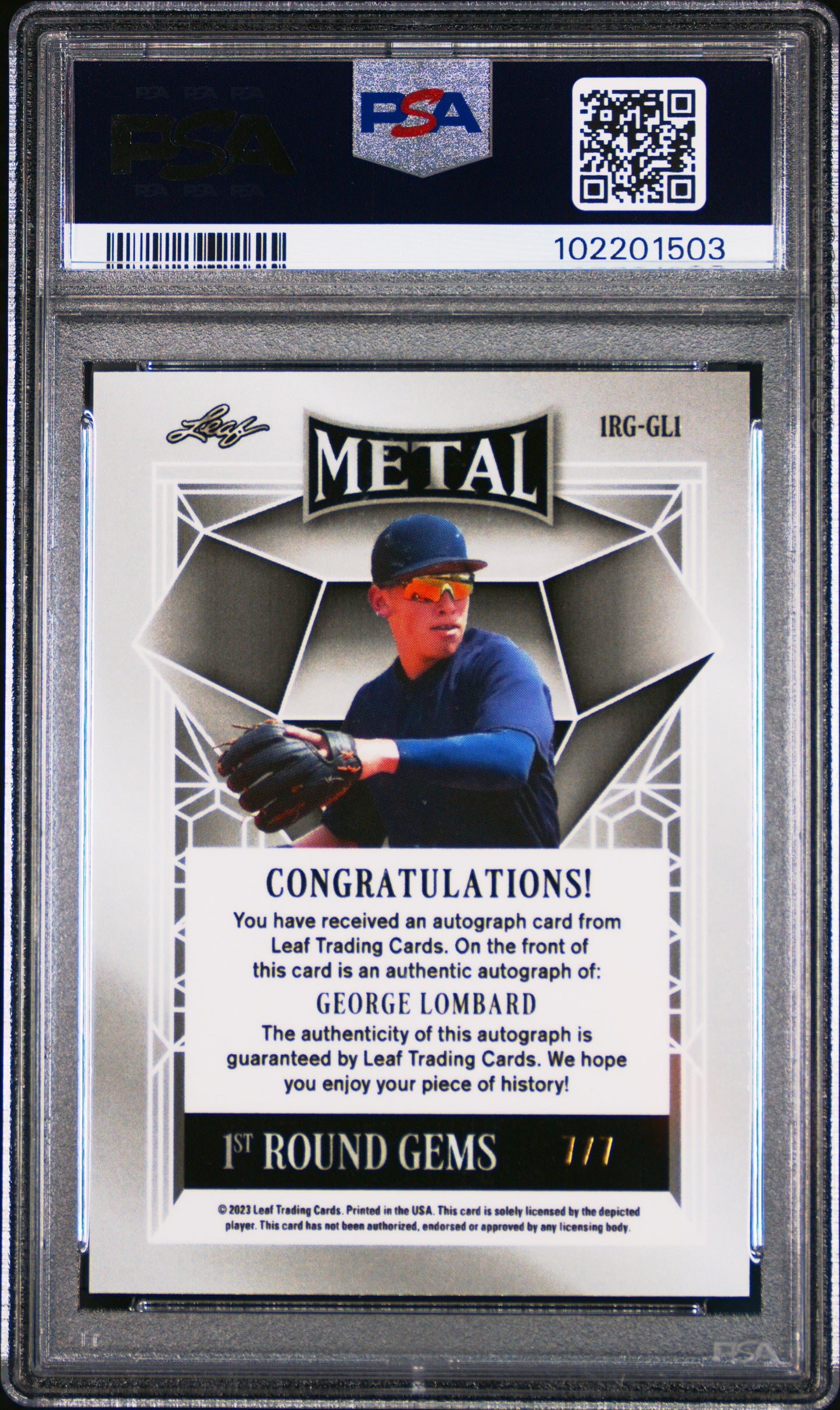 2023 Leaf Metal 1ST Round Gems Autographs George Lombard #1RGGL1 SLV Mojo PSA 9