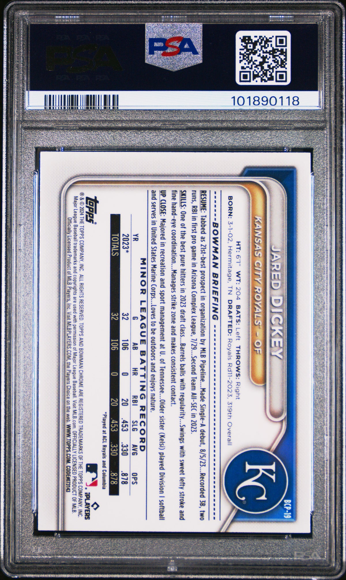 2024 Bowman Chrome Prospects Jared Dickey #BCP19 Org Shimmer PSA 10