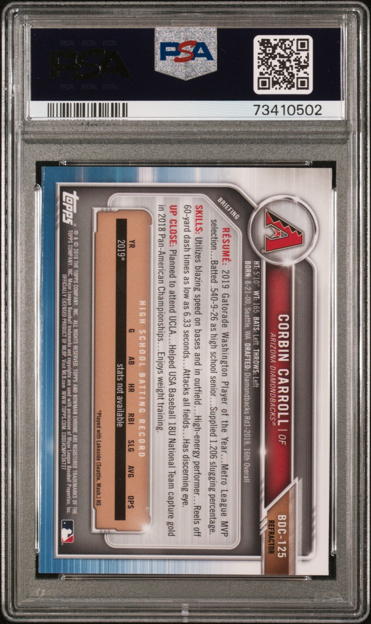 2019 Bowman Draft Corbin Carroll #BDC125 Chrome Refractor PSA 9