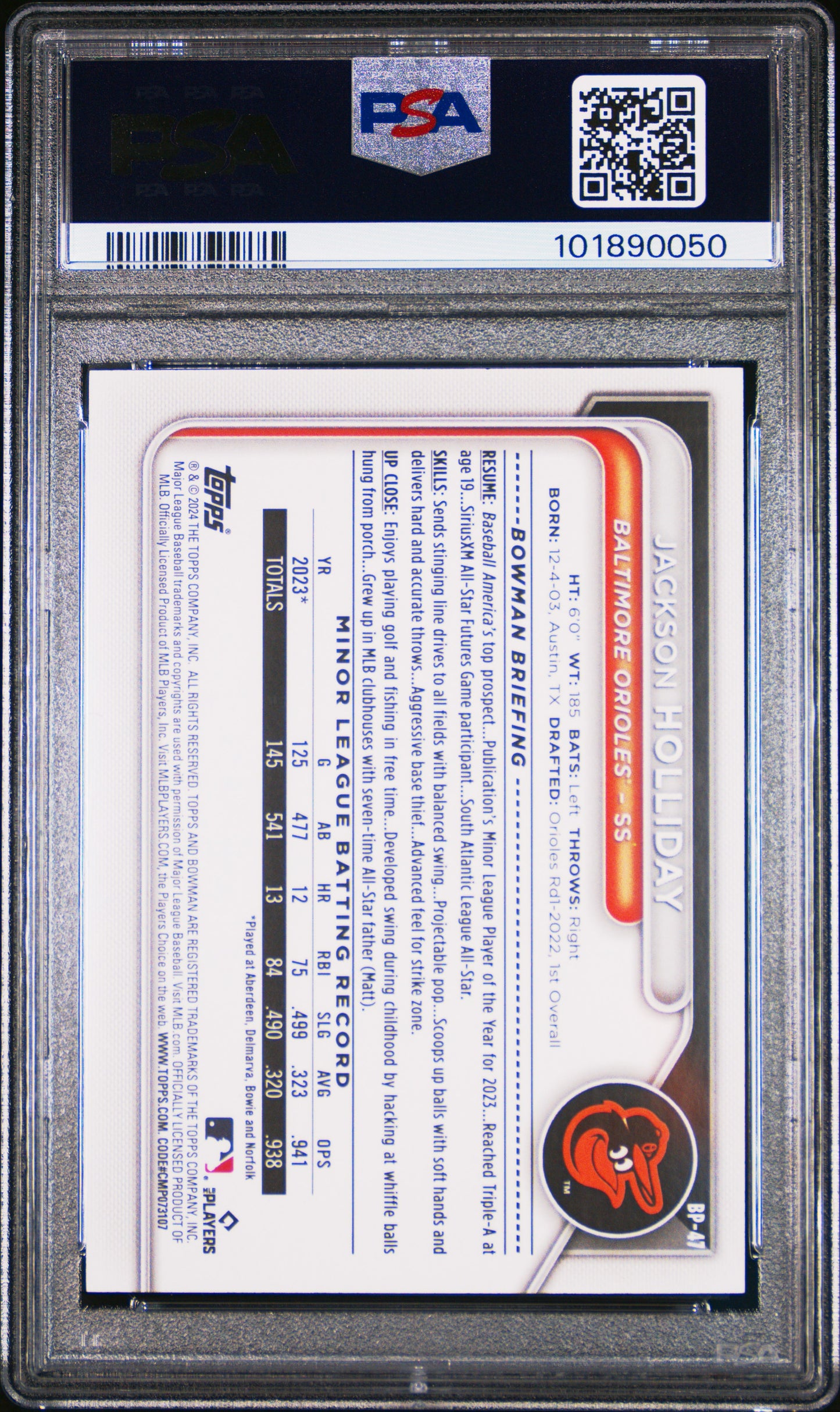 2024 Bowman Paper Prospects Jackson Holliday #BP47 Fuchsia 209/299 PSA 9
