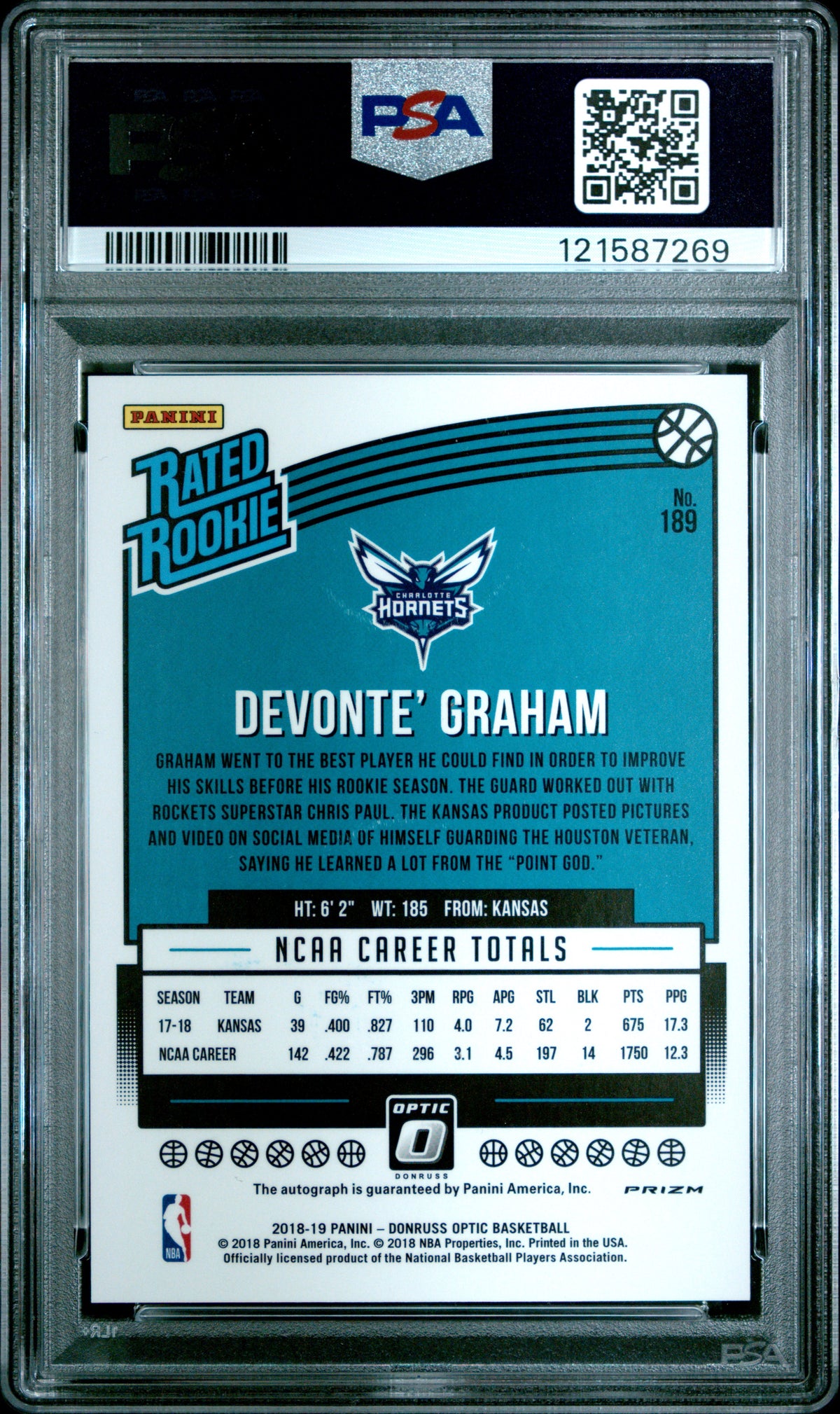 2018 Panini Donruss Optic Devonte' Graham #189 Autograph Fast Break PSA 10