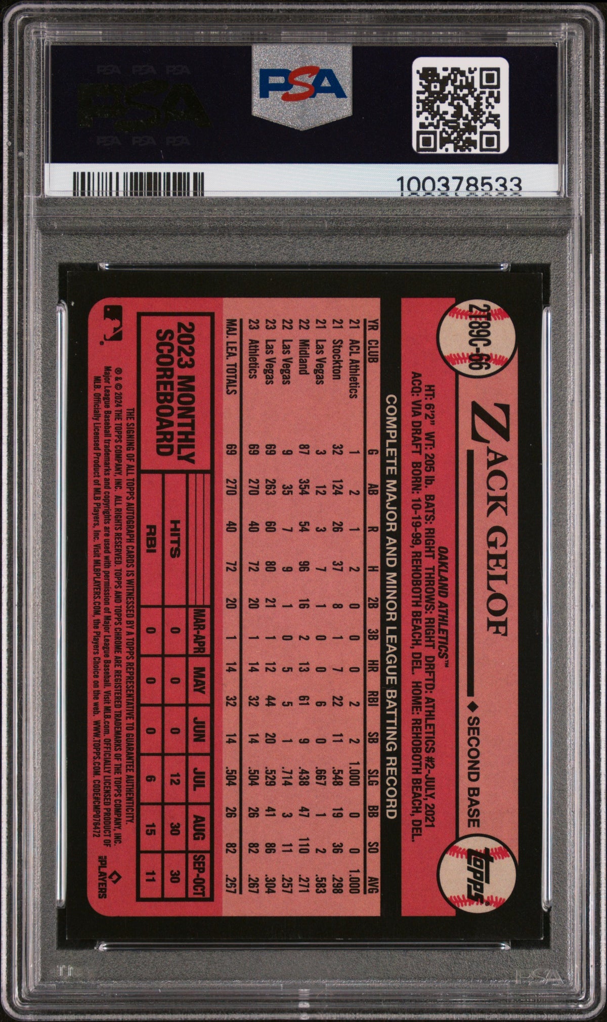 2024 Topps Silver Pack 1989 Chrome Promo Zack Gelof #66 Autograph PSA 9