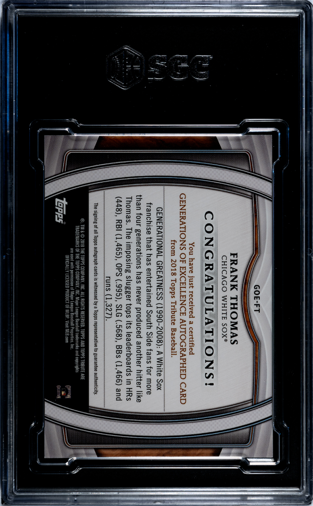 2018 Topps Tribute Frank Thomas #GOE-FT Generations Of Excellence Autograph SGC