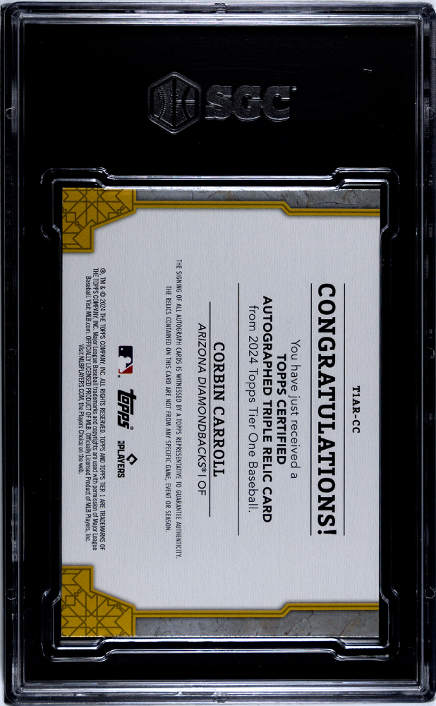 2024 Topps Tier One Corbin Carroll #T1AR-CC Auto Triple Relic SGC Auto 10