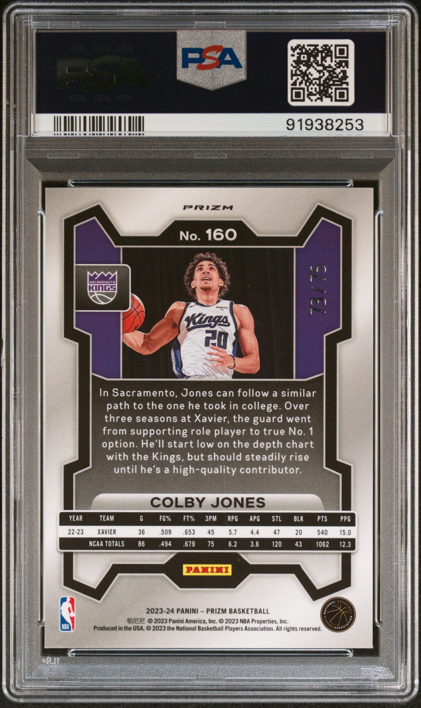 2023 Panini Prizm Colby Jones #160 Purple Fast Break PSA 9