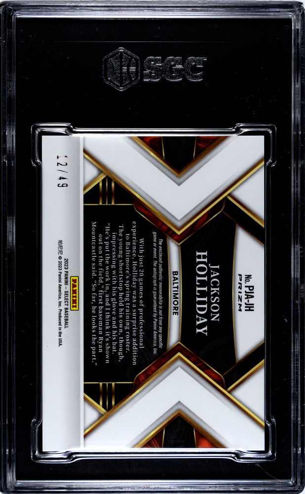 2023 Panini Jackson Holliday #PJA-JH RC Jersey Tri Color Prizm SGC Auto 10 /49
