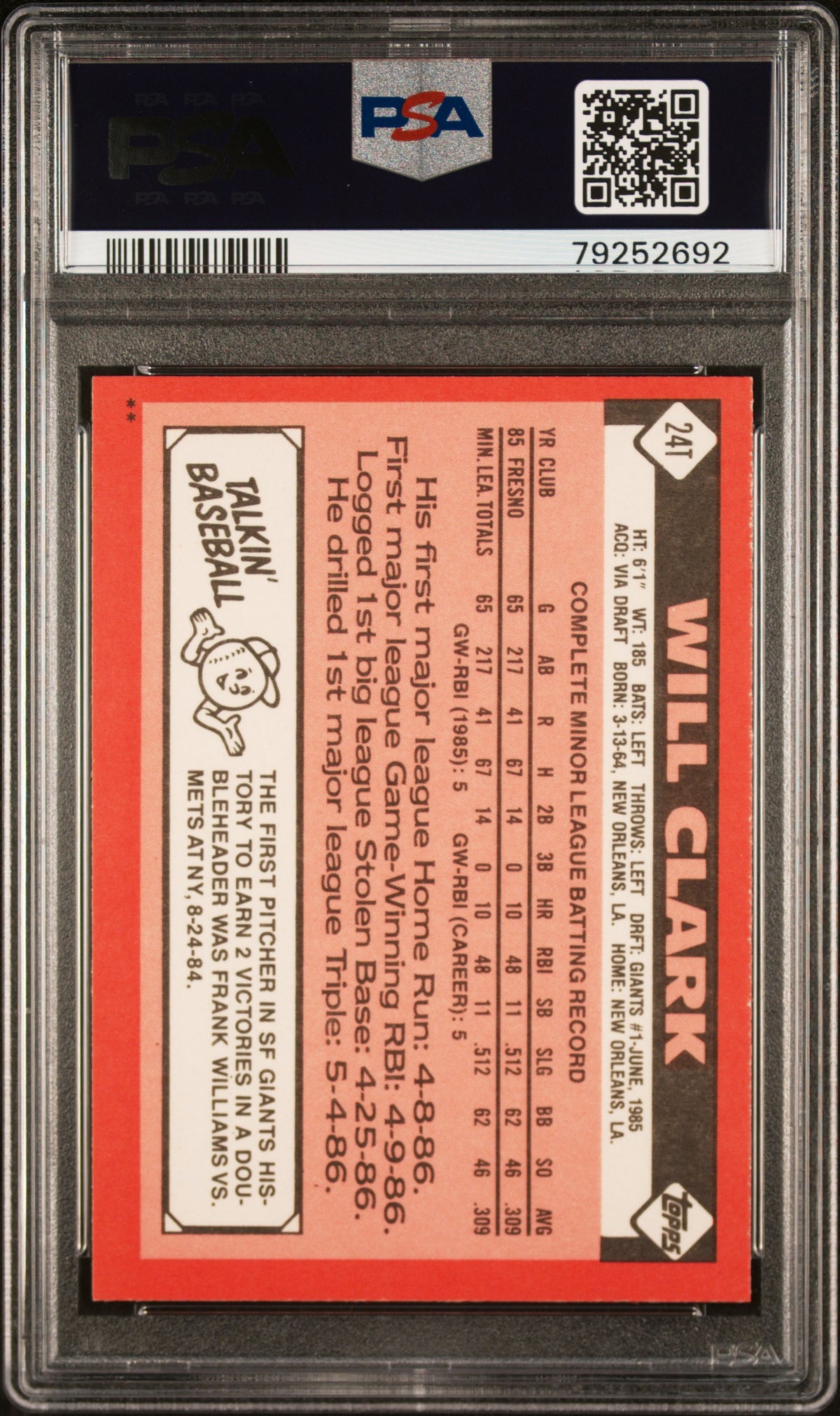 1986 Topps Traded Will Clark #24T PSA 8