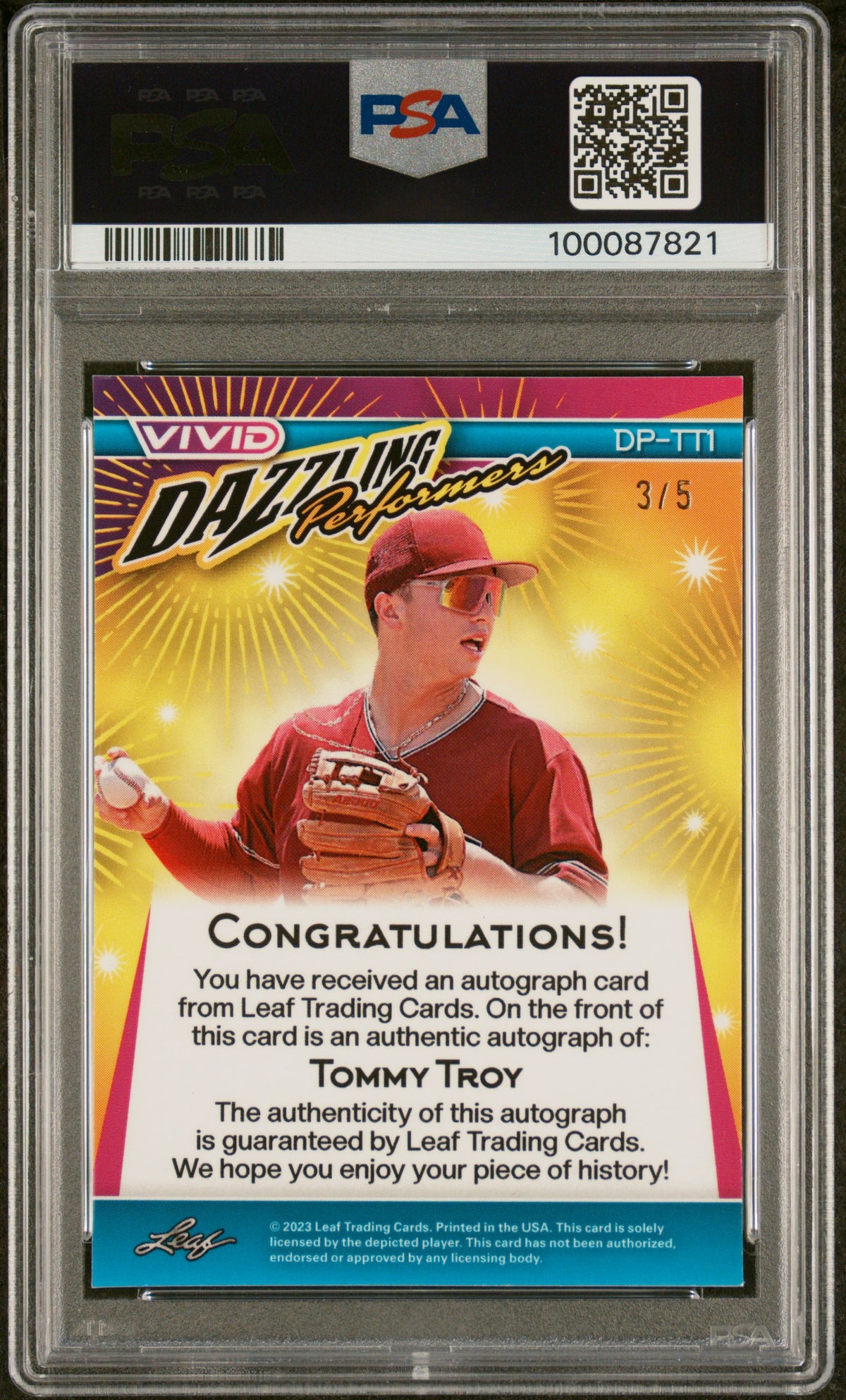2023 Leaf Vivid Dazzling Performers Autographs Tommy Troy #DPTT1 DP Black PSA 6