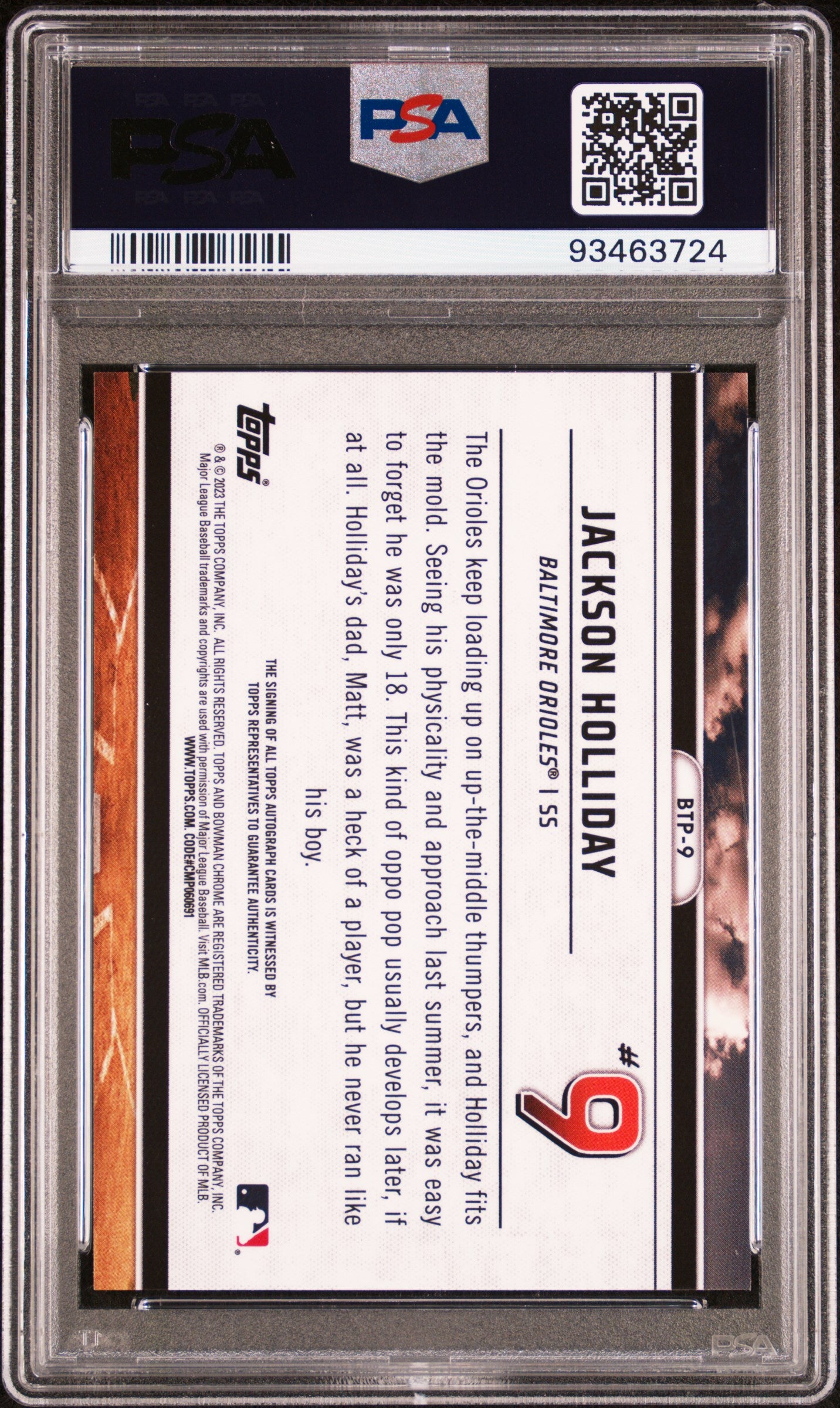 2023 Bowman Scouts' Top 100 Jackson Holliday #BTP9 Autograph PSA 10