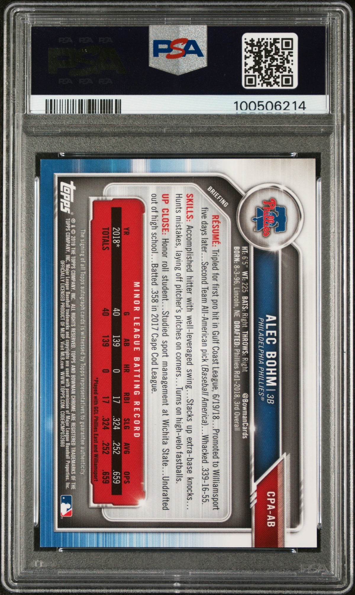 2019 Bowman Prospect Auto Chrome Alec Bohm #AB Pros. Auto CHR Orng. Shmr. PSA 10
