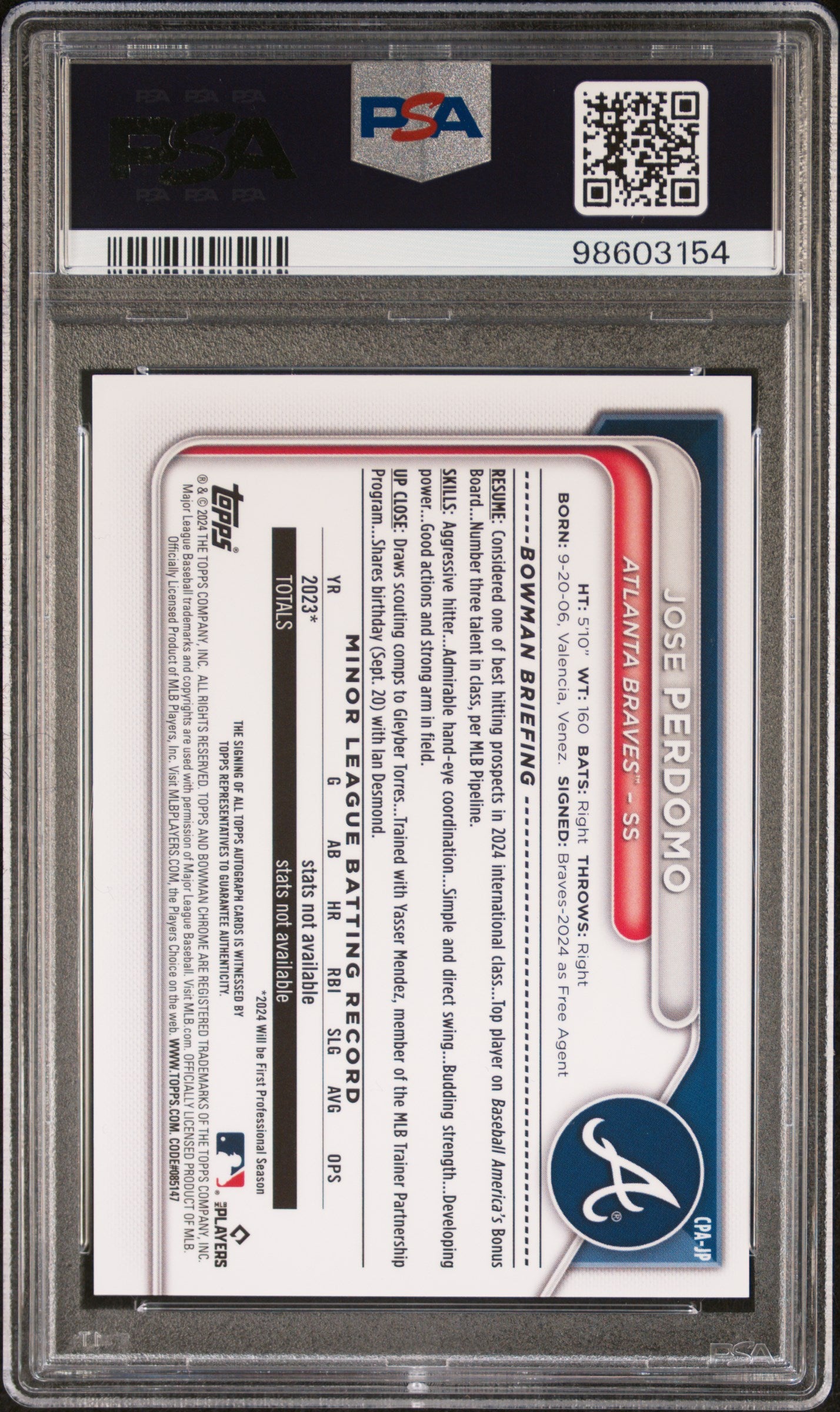 2024 Bowman Chrome Prospect Autographs Jose Perdomo #CPAJP PSA 10