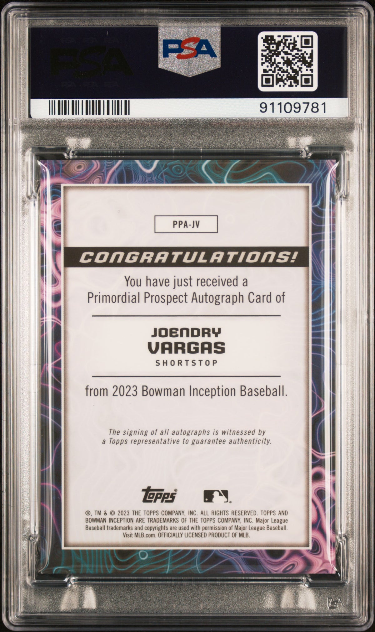 2023 Bowman Inception Primordial Prospects Auto Joendry Vargas #PPAJV /99 PSA 9