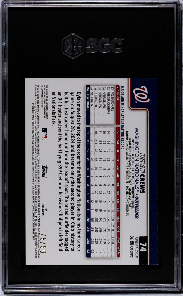 2025 Topps Dylan Crews #74 Flagship Real One Autograph Green Foil SGC 10 Auto 10