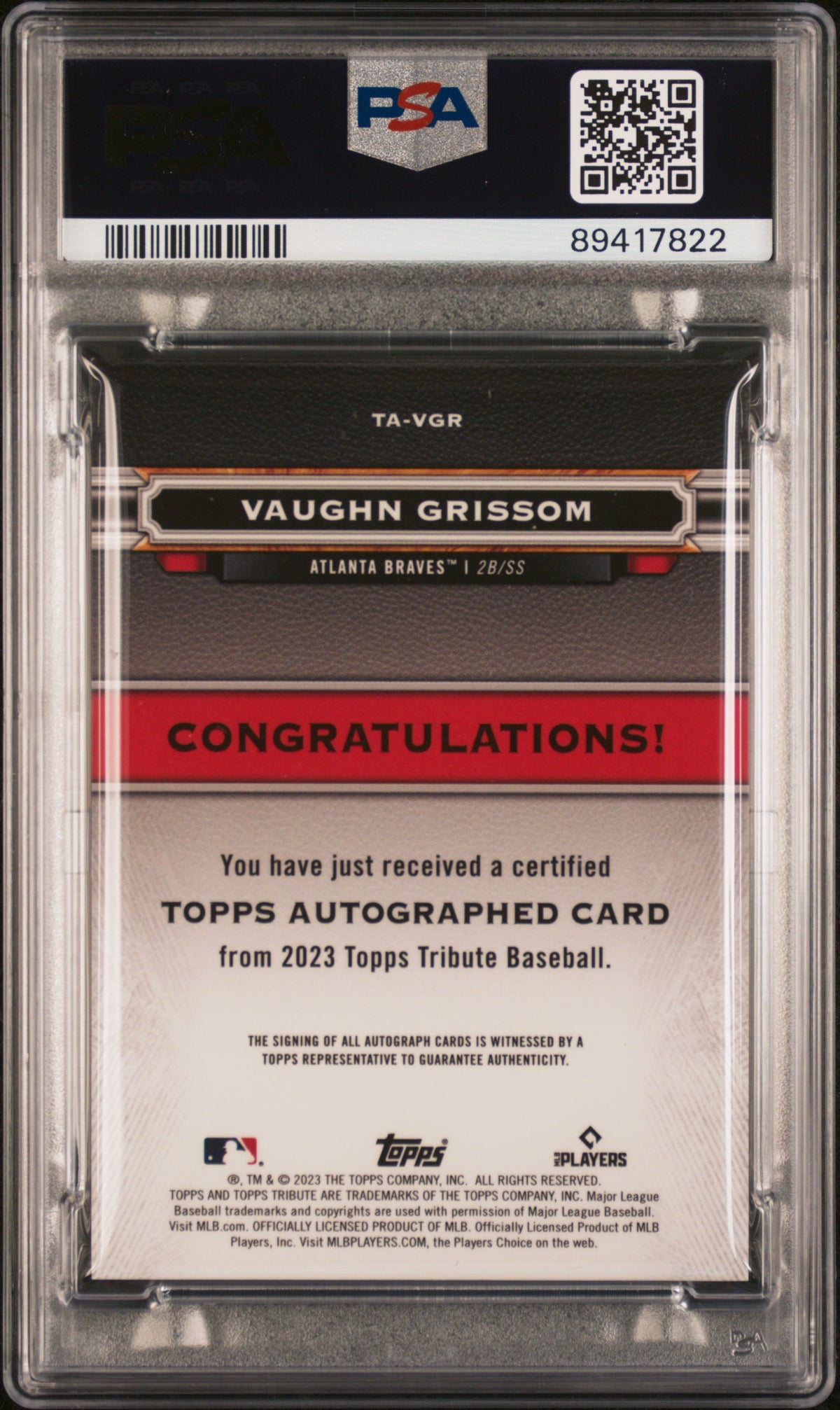 2023 Topps Tribute Tribute Autograph Vaughn Grissom #TAVGR 052/199 PSA 9