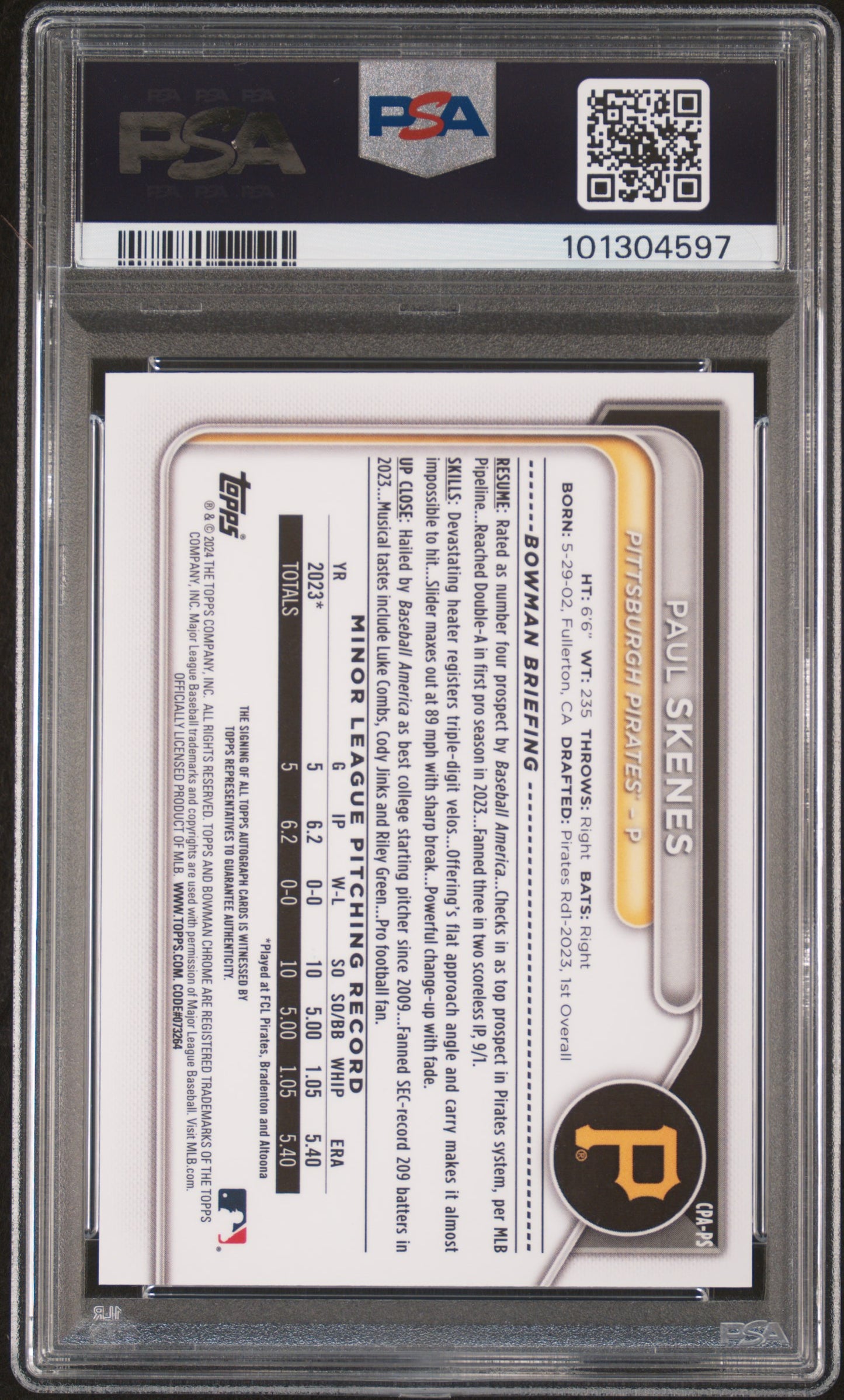 2024 Bowman Chrome Prospect Autographs Paul Skenes #CPAPS Green Ref 33/99 PSA 10
