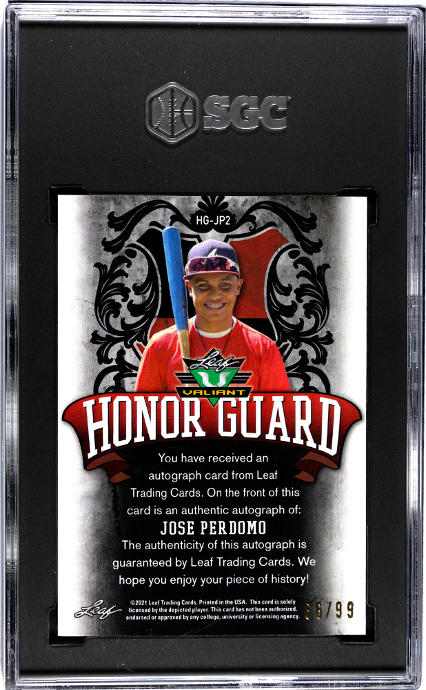 2021 Leaf Valiant Jose Perdomo #HG-JP2 Honor Guard Orange SGC 9 Auto 10