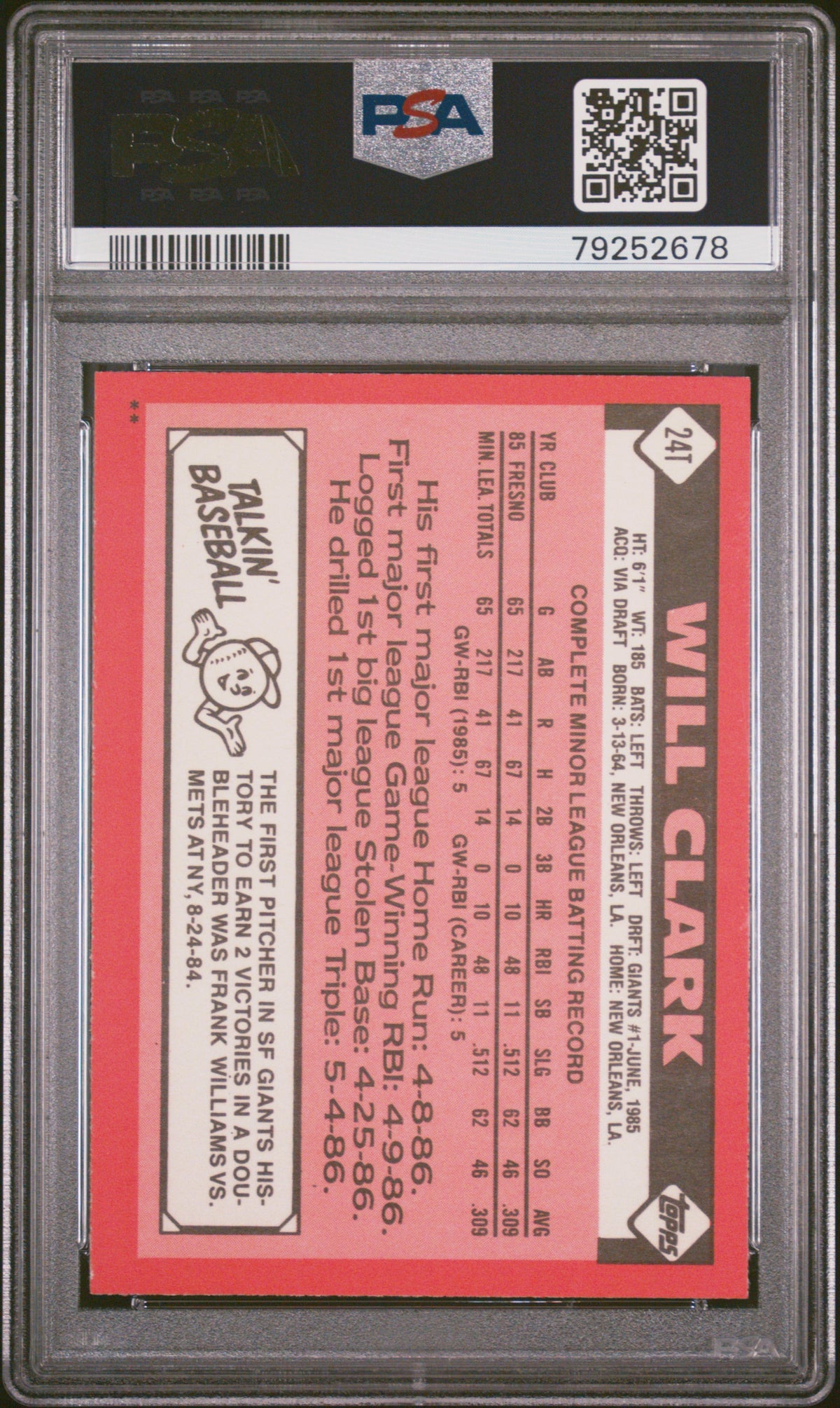1986 Topps Traded Will Clark #24T PSA 9