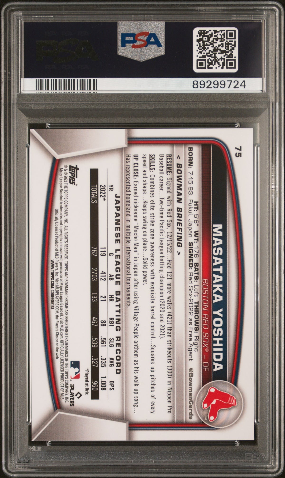 2023 Bowman Chrome Sapphire Edition Masataka Yoshida #75 Purple 03/25 PSA 10