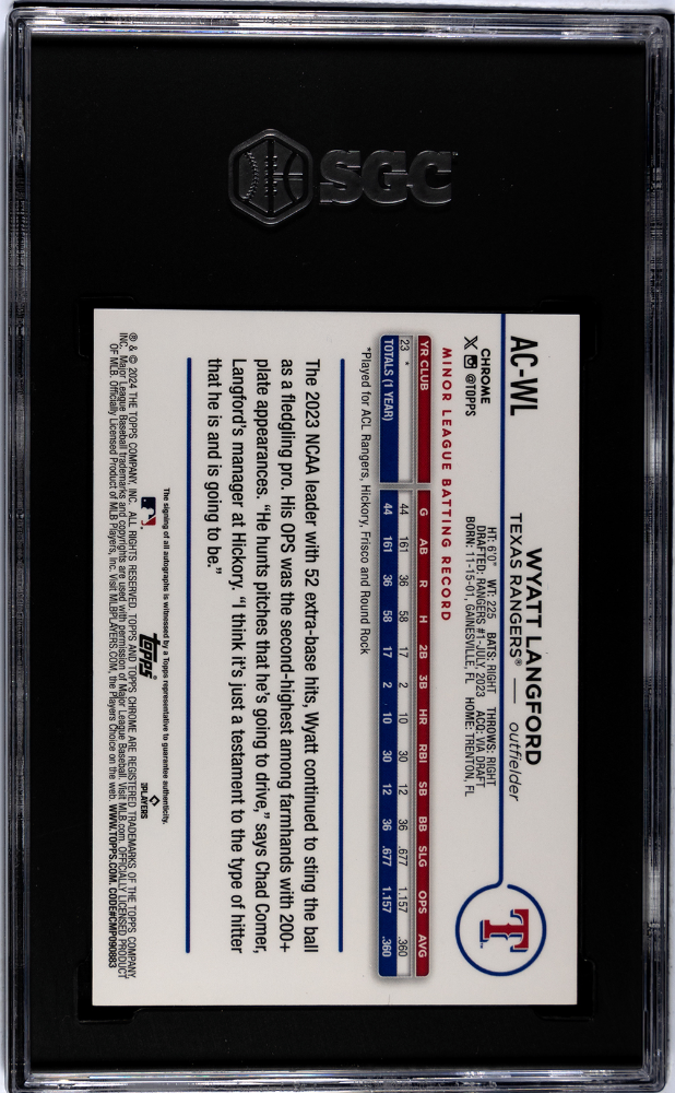 2024 Topps Chrome Update Wyatt Langford #AC-WL Auto Purple Ref SGC 8.5 Auto 10