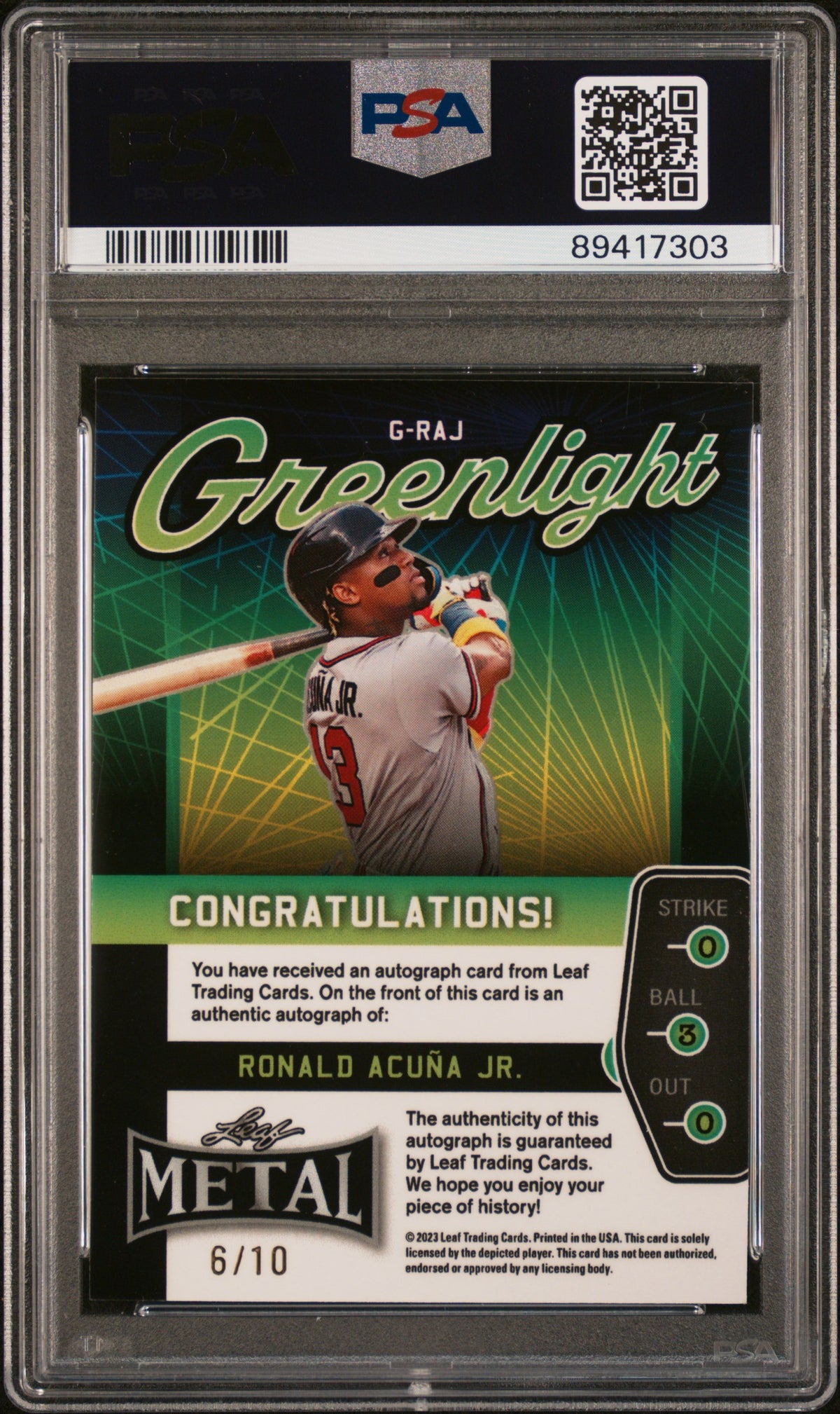 2023 Leaf Metal Greenlight Autographs Ronald Acuna JR. #GRAJ PSA 9