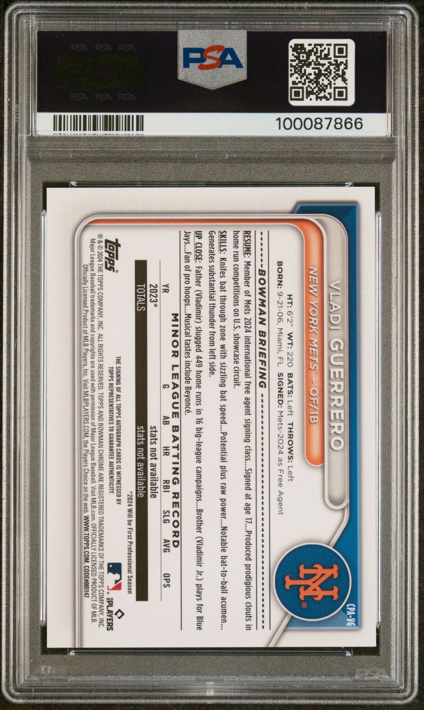 2024 Bowman Chrome Prospect Auto Vladi Guerrero #CPAVG Green Lava 10/99 PSA 10