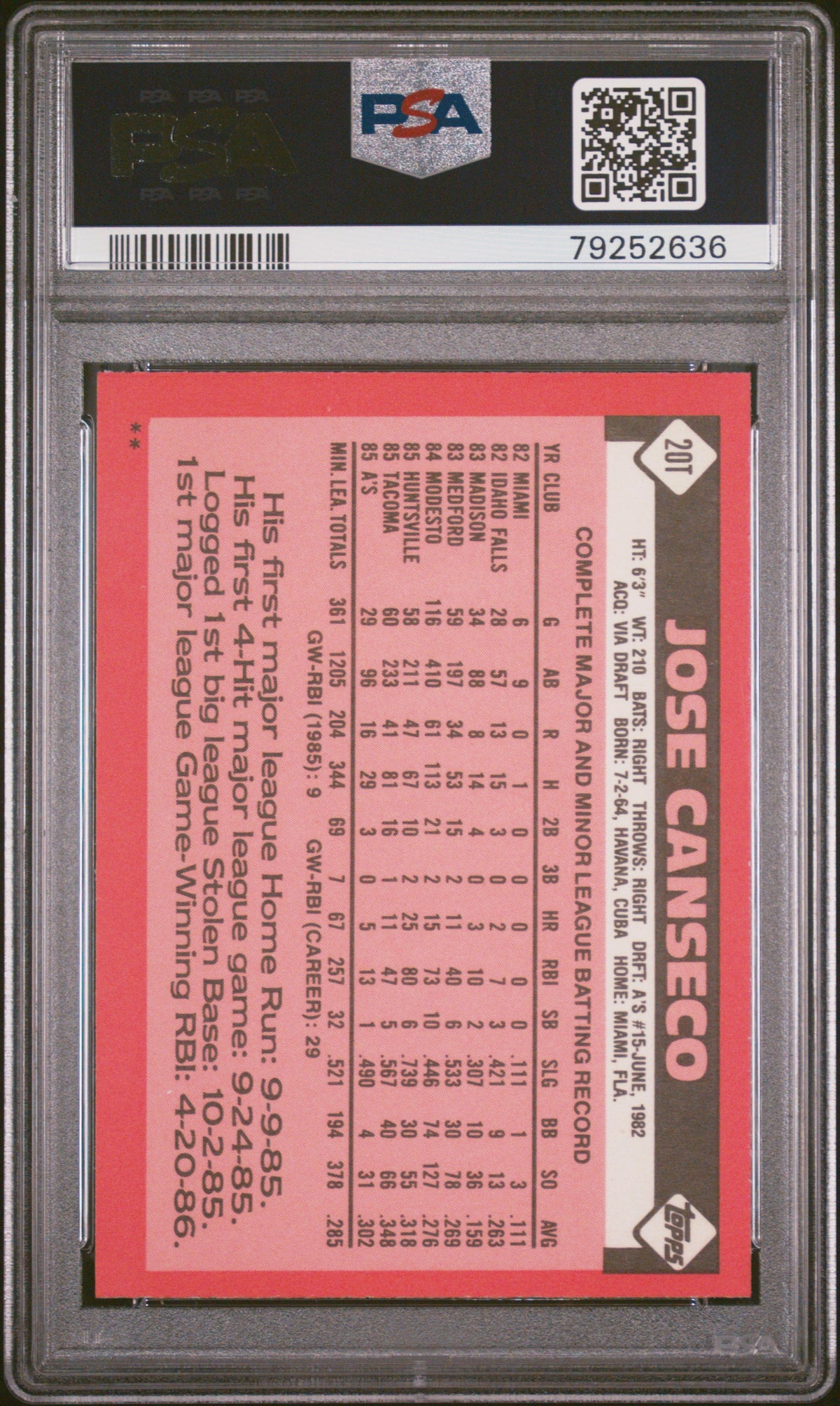 1986 Topps Traded Jose Canseco #20T PSA 8