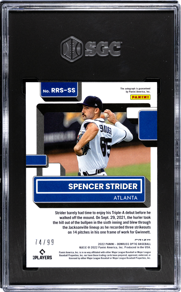 2022 Optic Spencer Strider #RRS-SS Rated Rookie Blue Mojo Prizm SGC Auto 10
