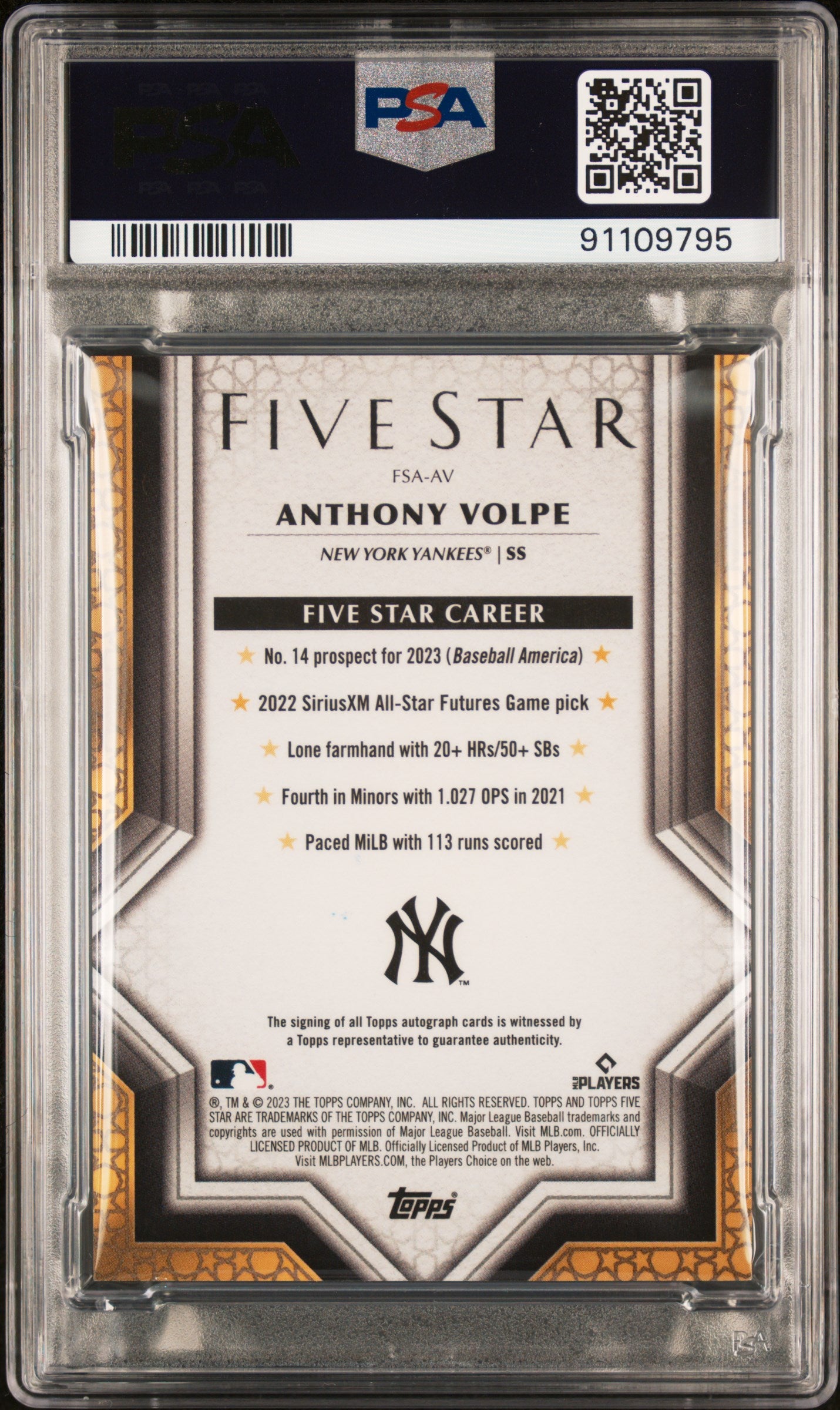 2023 Topps Five Star Autographs Anthony Volpe #FSAAV PSA 9