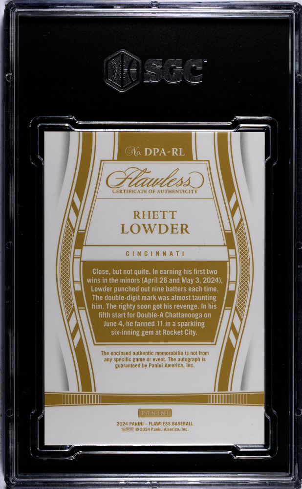 2024 Panini Flawless Rhett Lowder #DPA-RL Draft Patch Auto Gold SGC 9 Auto 10
