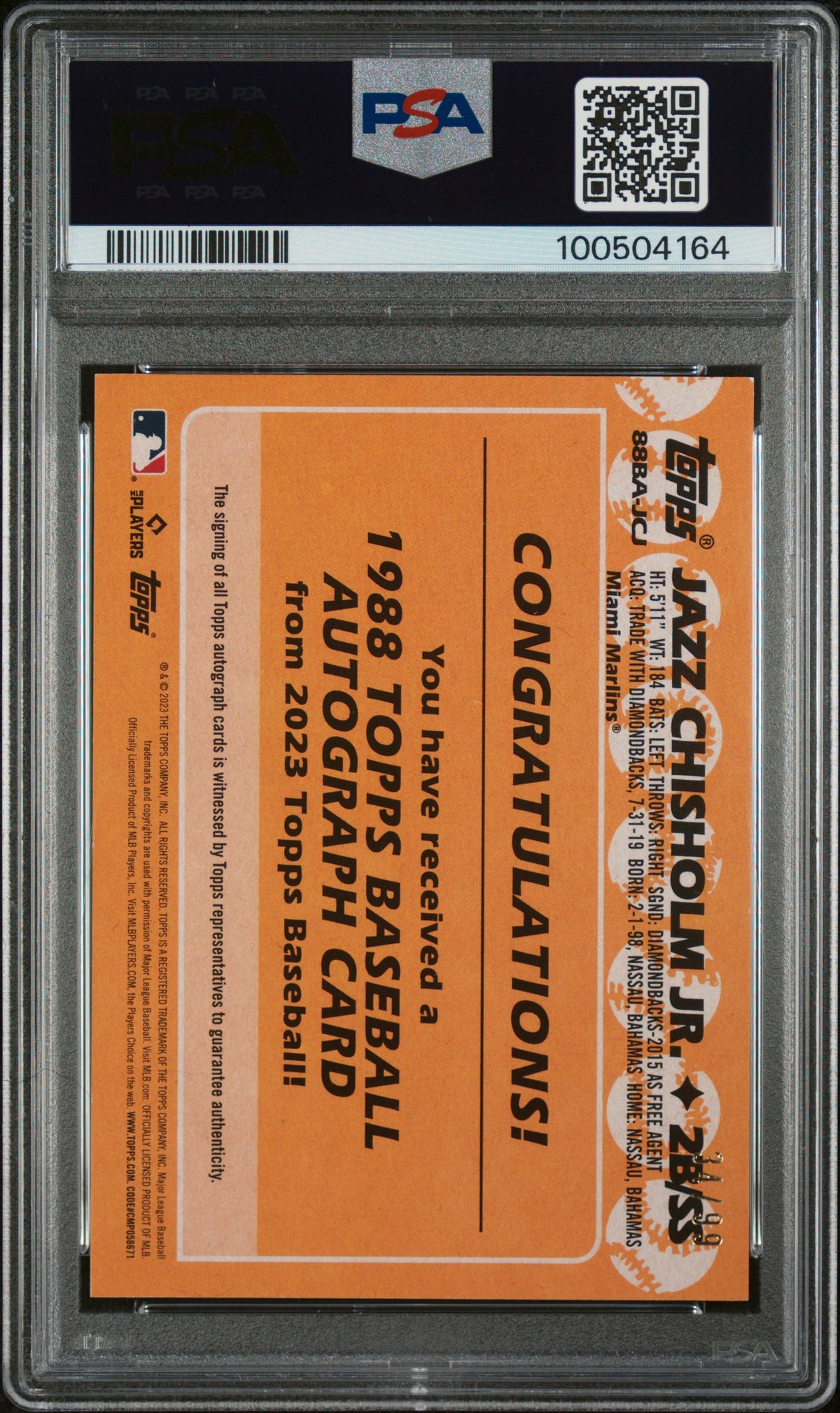 2023 Topps 1988 Topps Baseball Autographs Jazz Chisholm JR. #88BAJCJ Black PSA 7