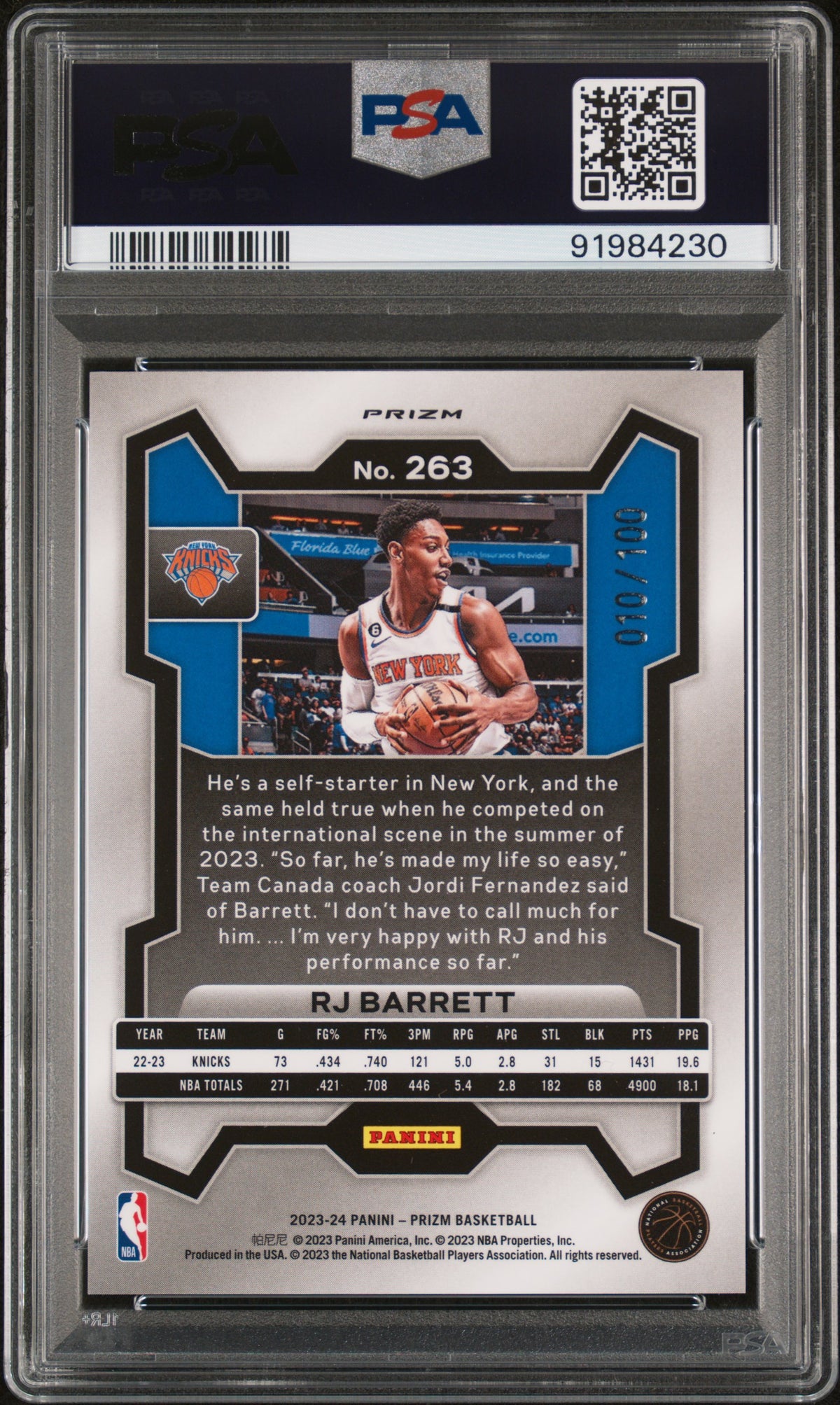 2023 Panini Prizm RJ Barrett #263 Red Fast Break PSA 10