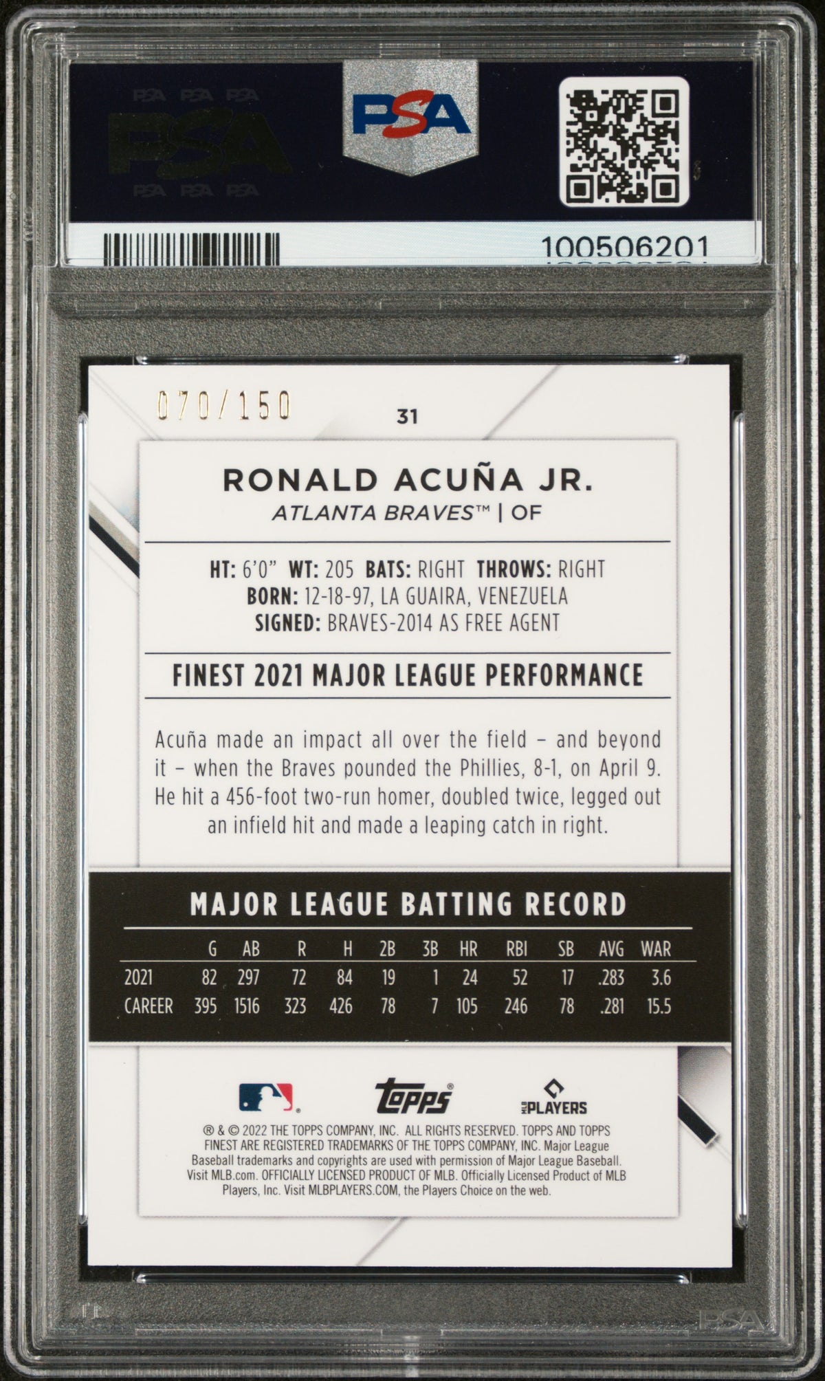 2022 Topps Finest Ronald Acuna JR. #31 Blue Refractor PSA 10