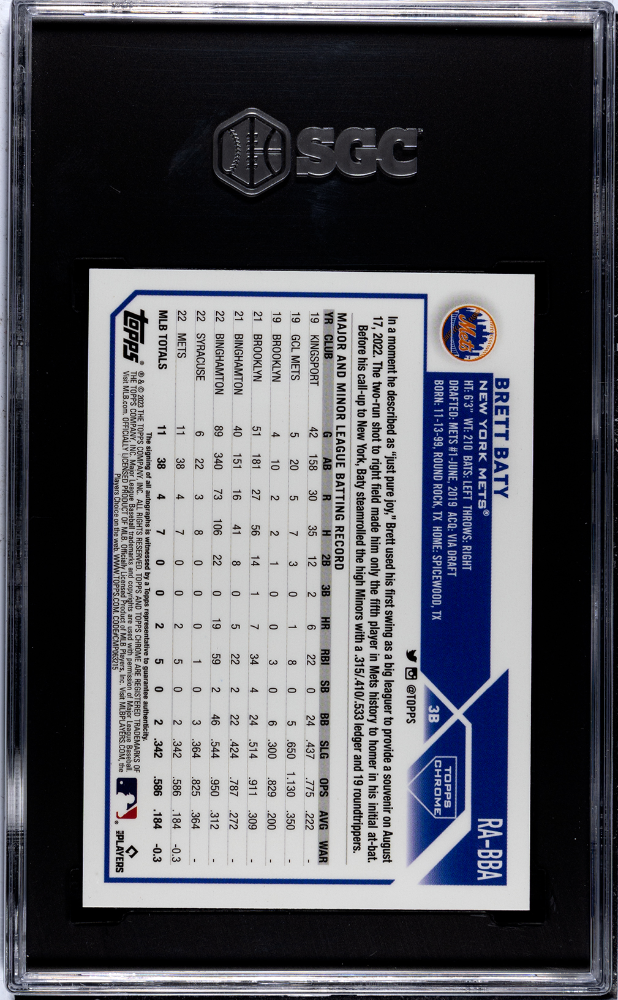 2023 Topps Chrome Brett Baty #RA-BBA RK. Autograph SGC 9.5 Auto 10