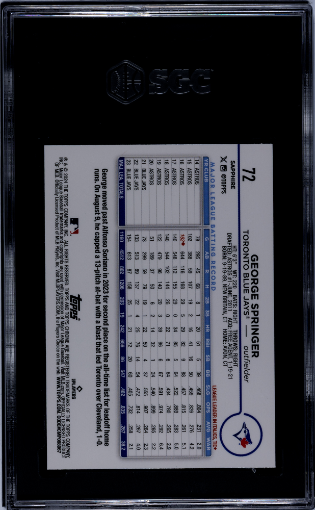 2024 Topps Chrome Sapphire George Springer #72 Orange SGC 10