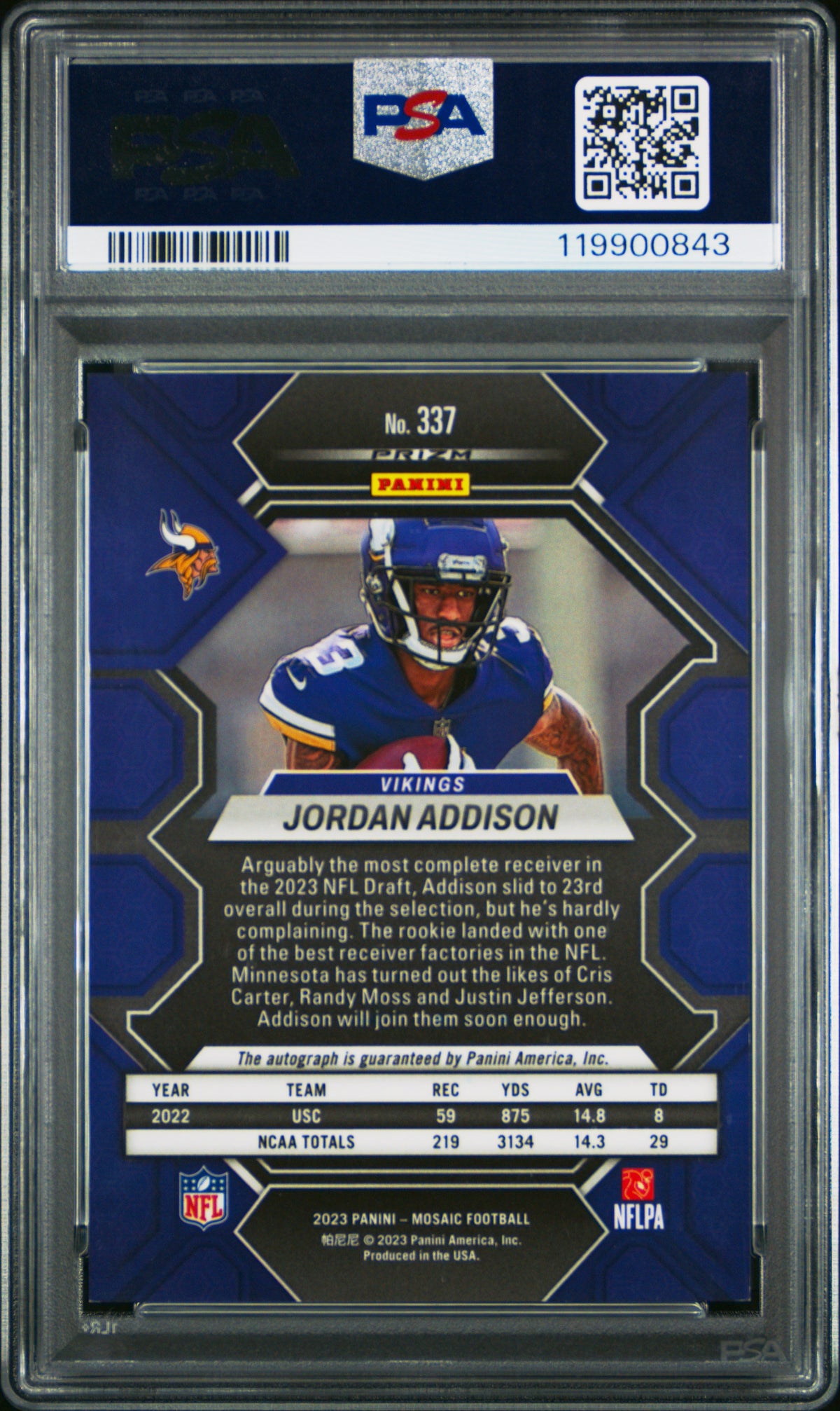 2023 Panini Mosaic Jordan Addison #337 Autograph PSA 8