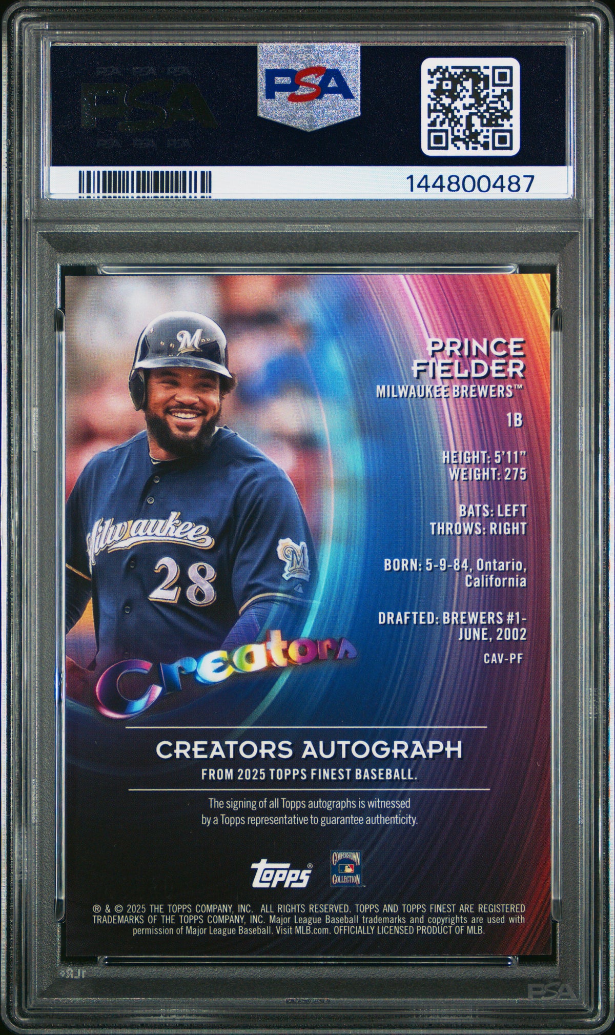 2025 Topps Finest Creators Autographs Prince Fielder #CAVPF Orange Ref/25 PSA 10