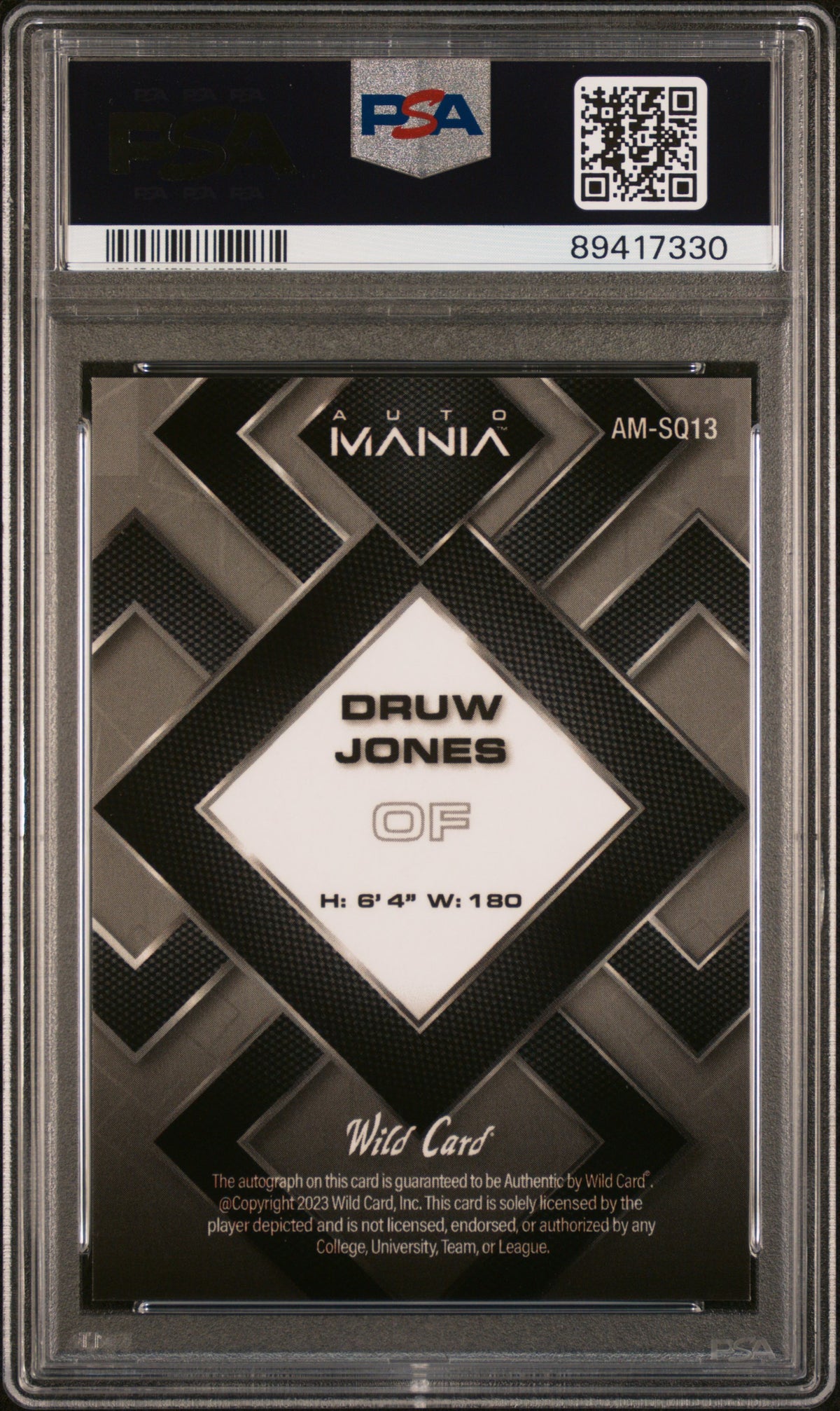 2023 Wild Card Auto Mania Autographs Druw Jones #AMSQ13 SQR  Red 2/6 PSA 10