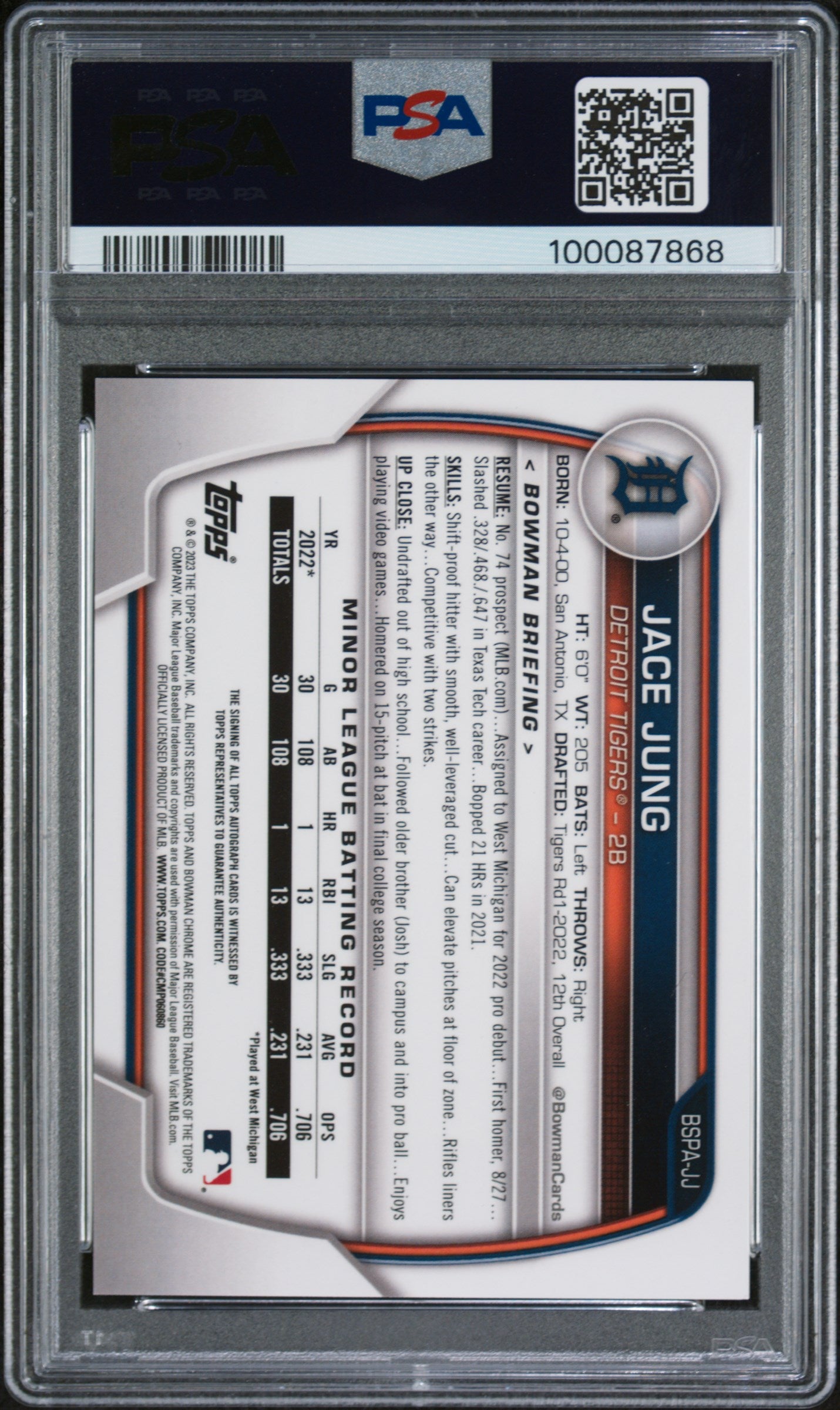 2023 Bowman Sapphire Edition Prospects Auto Jace Jung #BSPAJJ Green /50 PSA 10