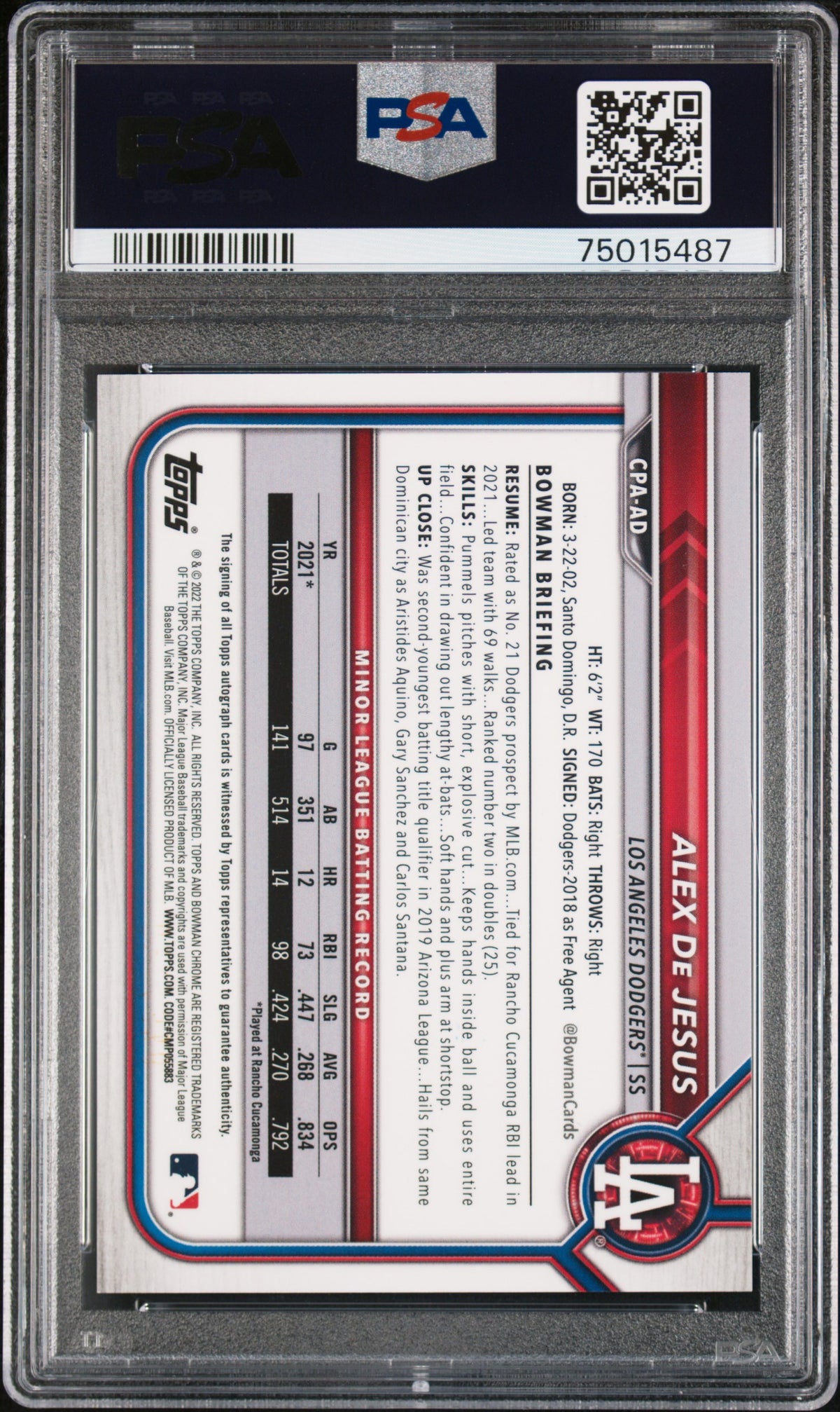 2022 Bowman Chrome Prospect Auto Alex De Jesus #CPAAD Pros.  Refractor /150 PSA