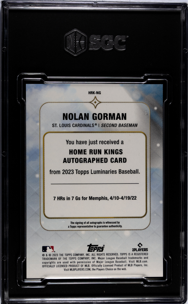 2023 Topps Luminaries Nolan Gorman #HRK-NG Home Run Kings SGC 9.5 Auto 10