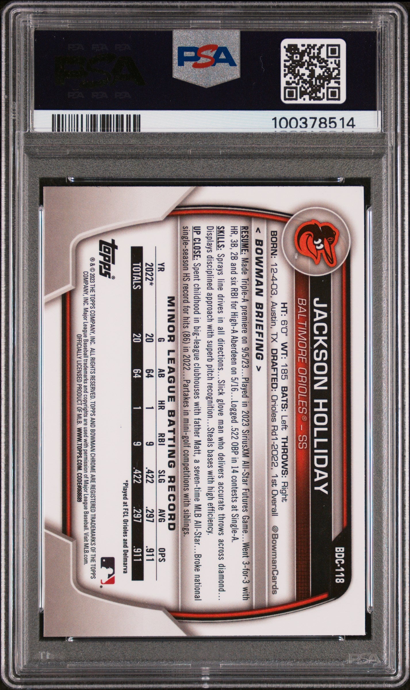 2023 Bowman Draft Jackson Holliday #BDC118 Chrome Blue Refractor 078/150 PSA 9