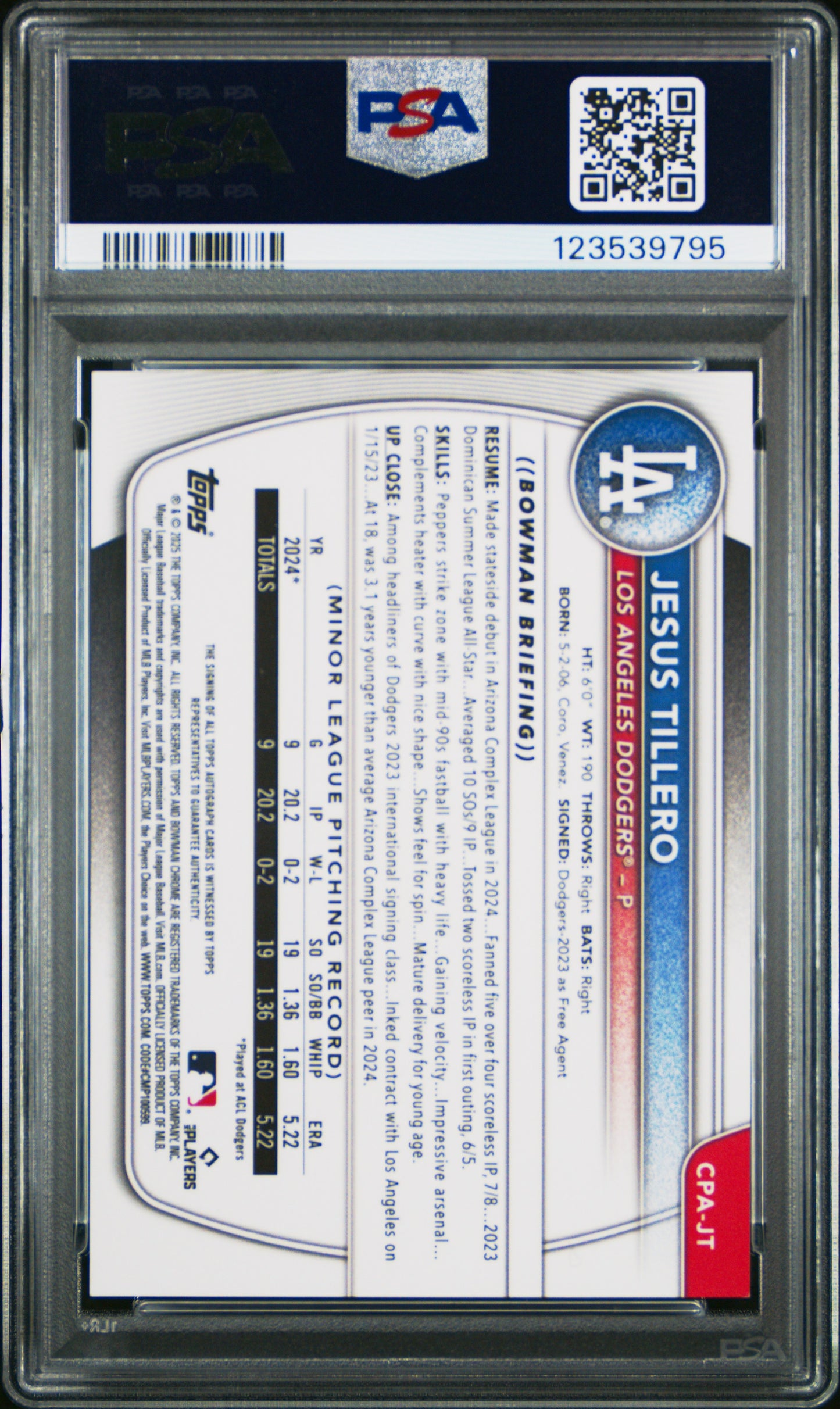 2025 Bowman Chrome Prospect Autographs Jesus Tillero #CPAJT PSA 9