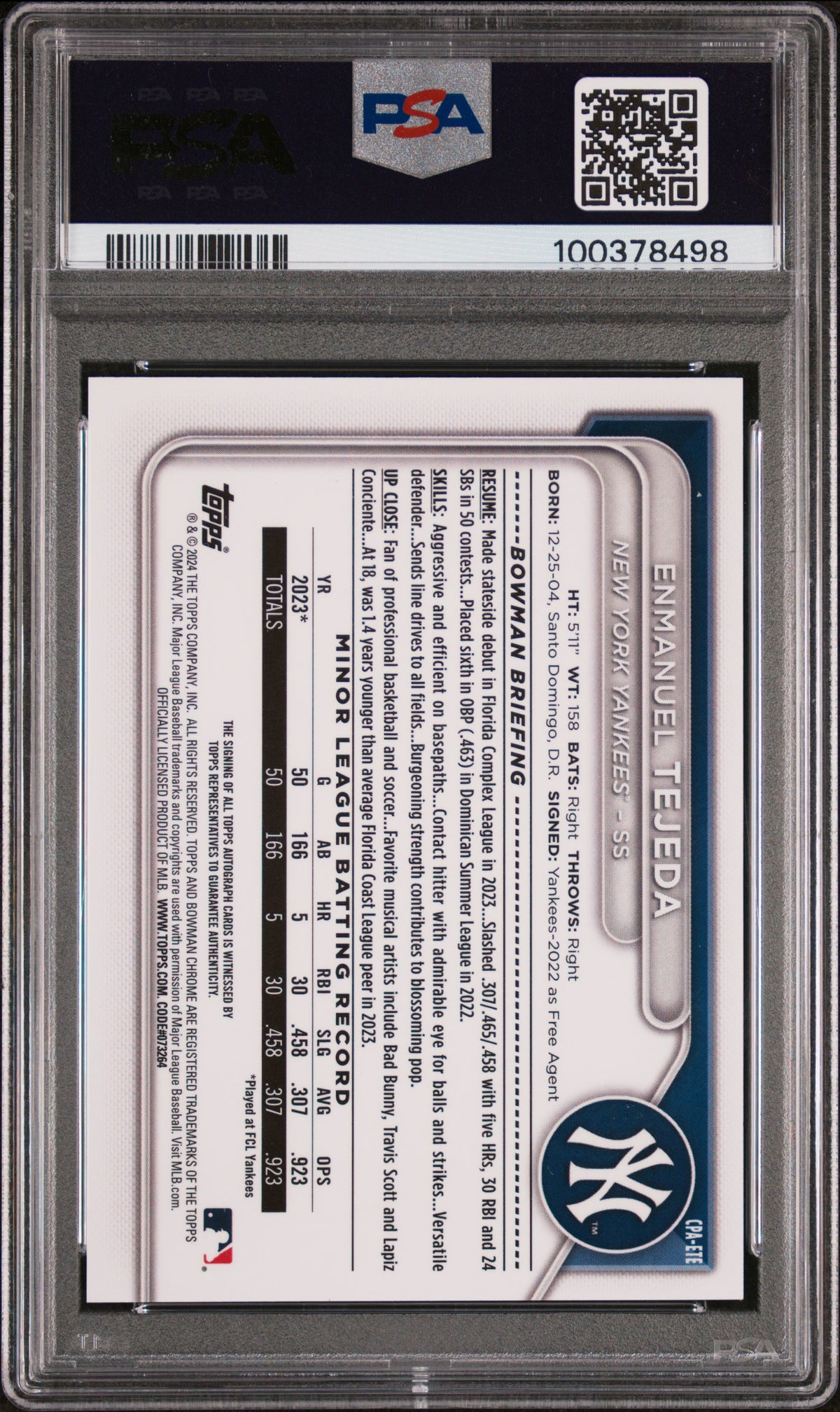2024 Bowman Chrome Prospect Auto Enmanuel Tejeda #CPAETE Hta GRN Lava /99 PSA 10