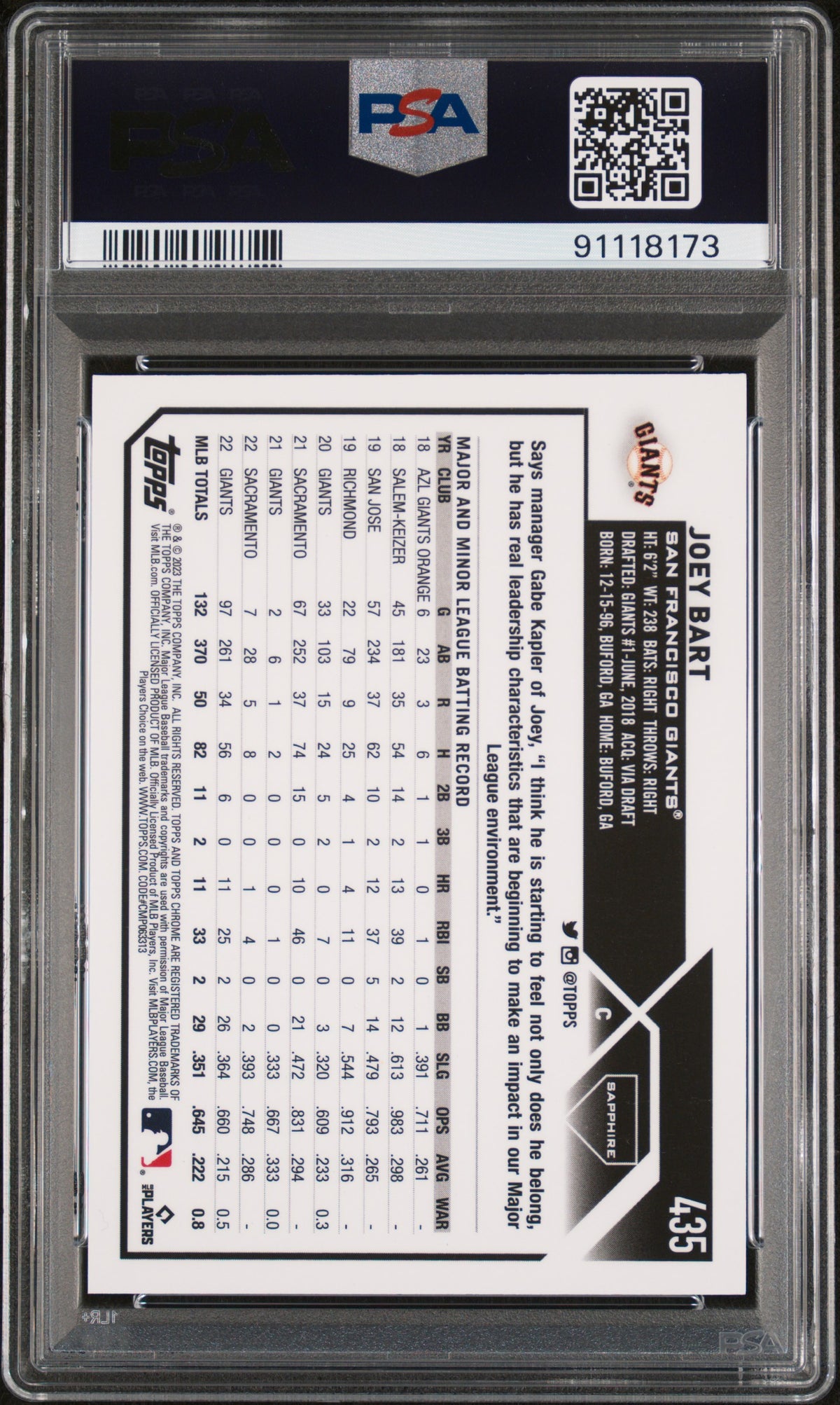 2023 Topps Chrome Sapphire Joey Bart #435 Orange 15/25 PSA 10
