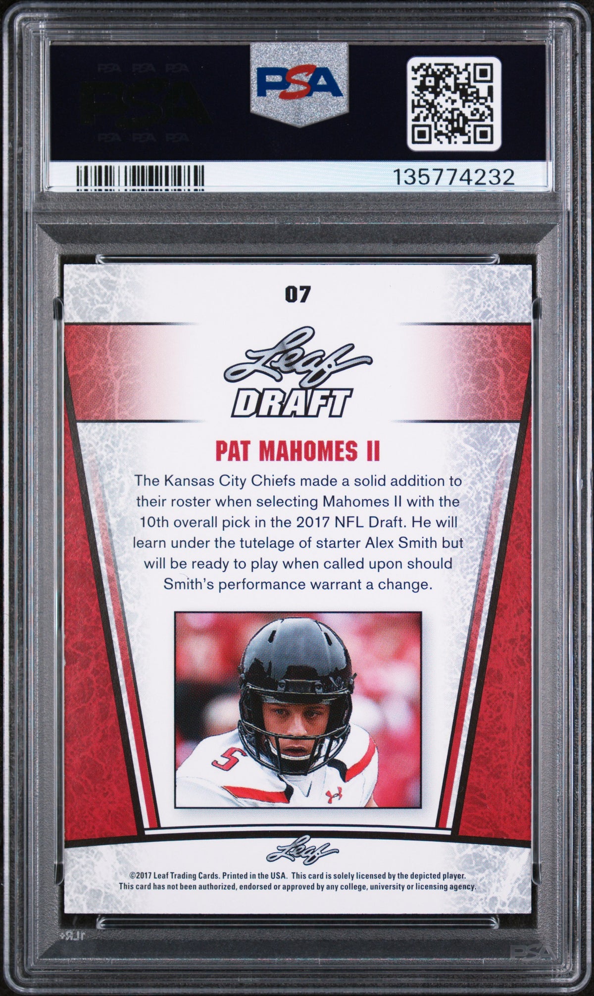 2017 Leaf Special Release Draft Silver Pat Mahomes II #07 SP. Release PSA 8