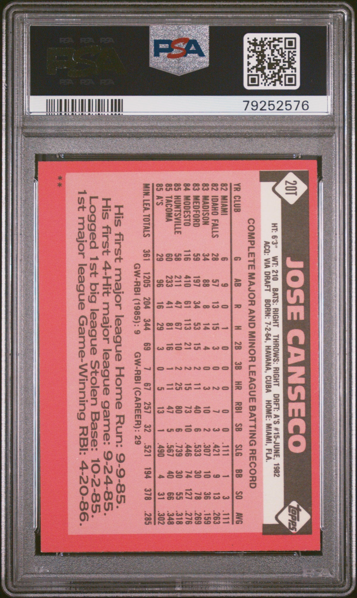 1986 Topps Traded Jose Canseco #20T PSA 8