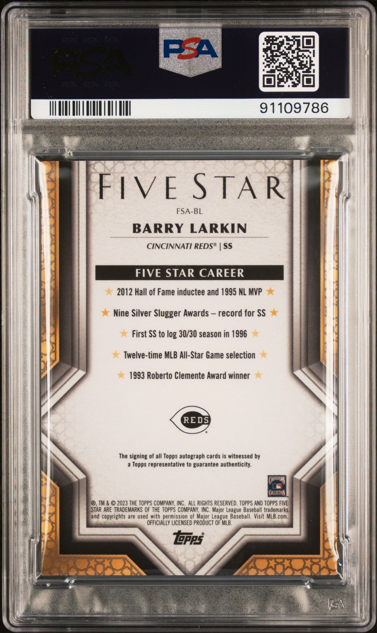 2023 Topps Five Star Autographs Barry Larkin #FSABL PSA 10