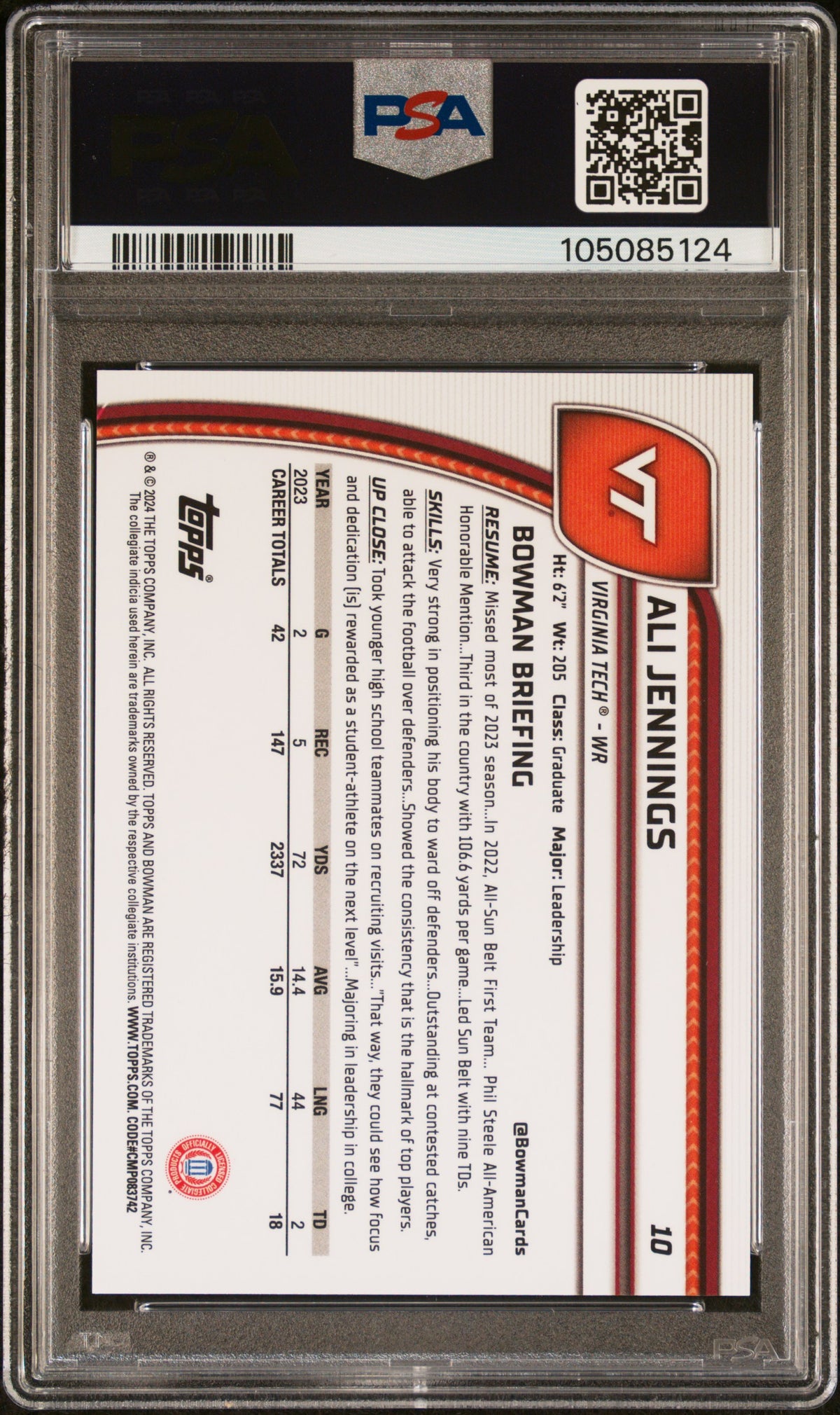 2024 Bowman University Chrome Ali Jennings #10 Aqua Mini Diamond PSA 10